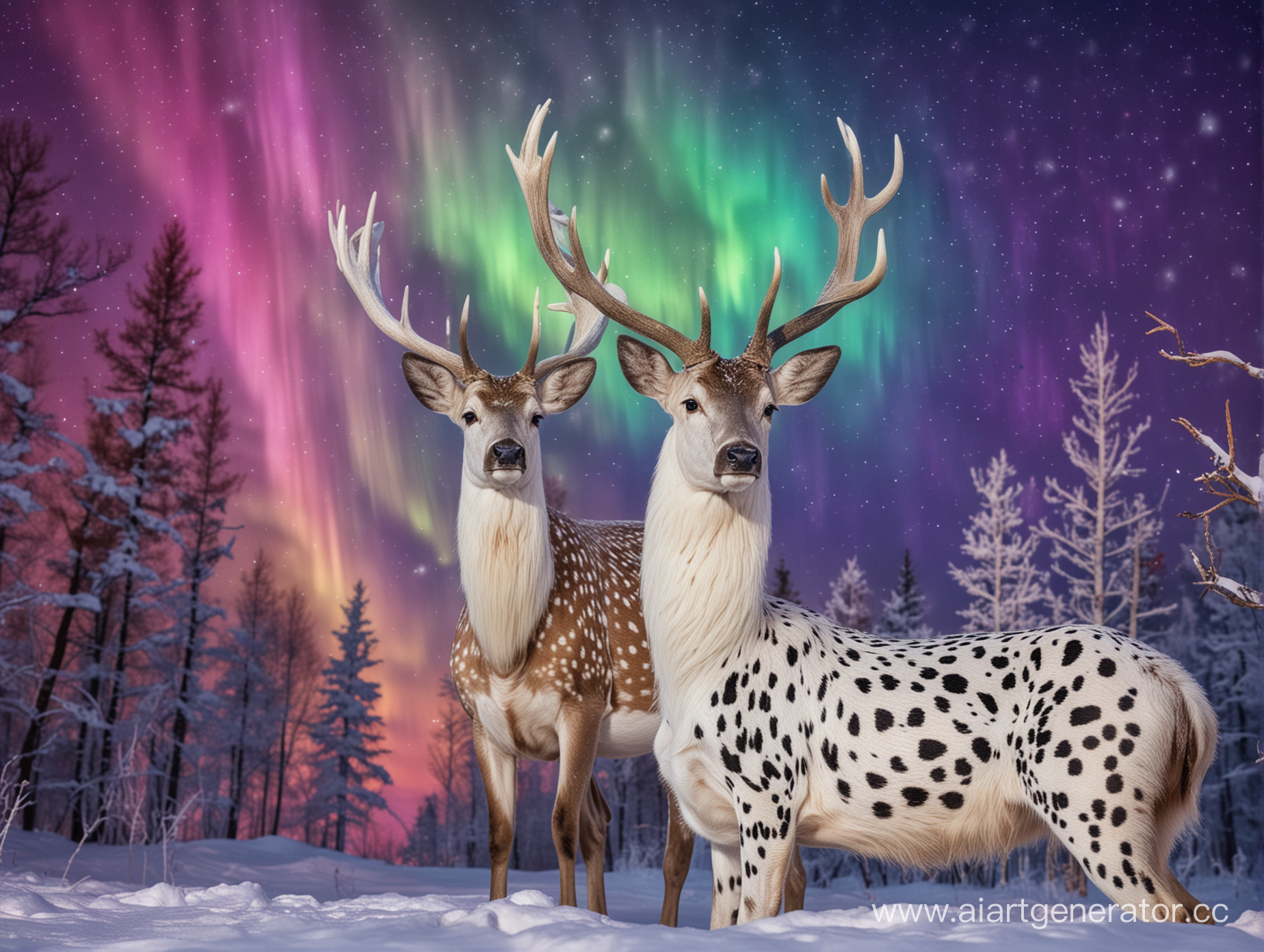 Северный олень с рогами породы далматинец зимой ночью на фоне разноцветного радужного северного сияния