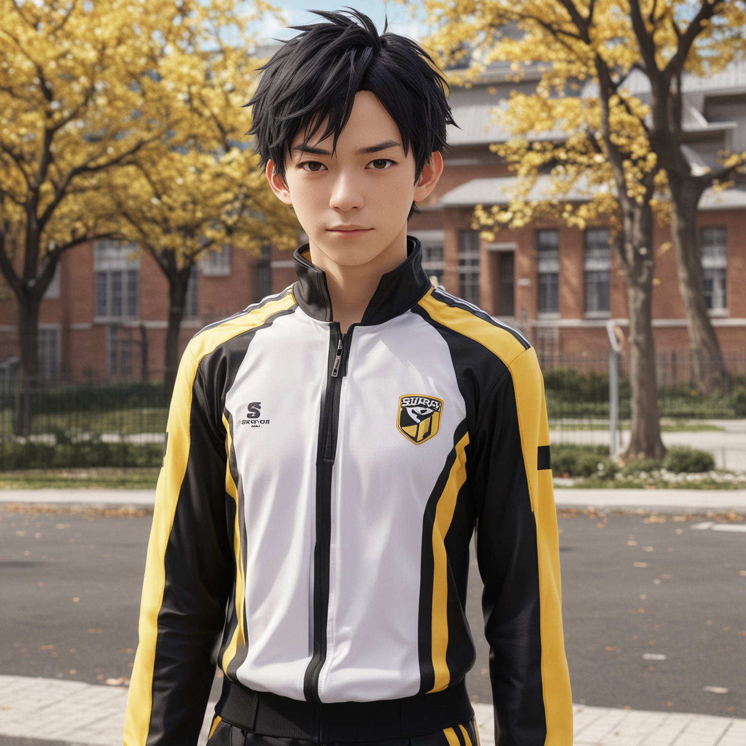 Subaru Natsuki from anime Re:Zero - Starting Life In Another World as a high-school male student, wearing black and white with yellow stripes sport costume, school yard on background , hyper-realistic, photo-realistic