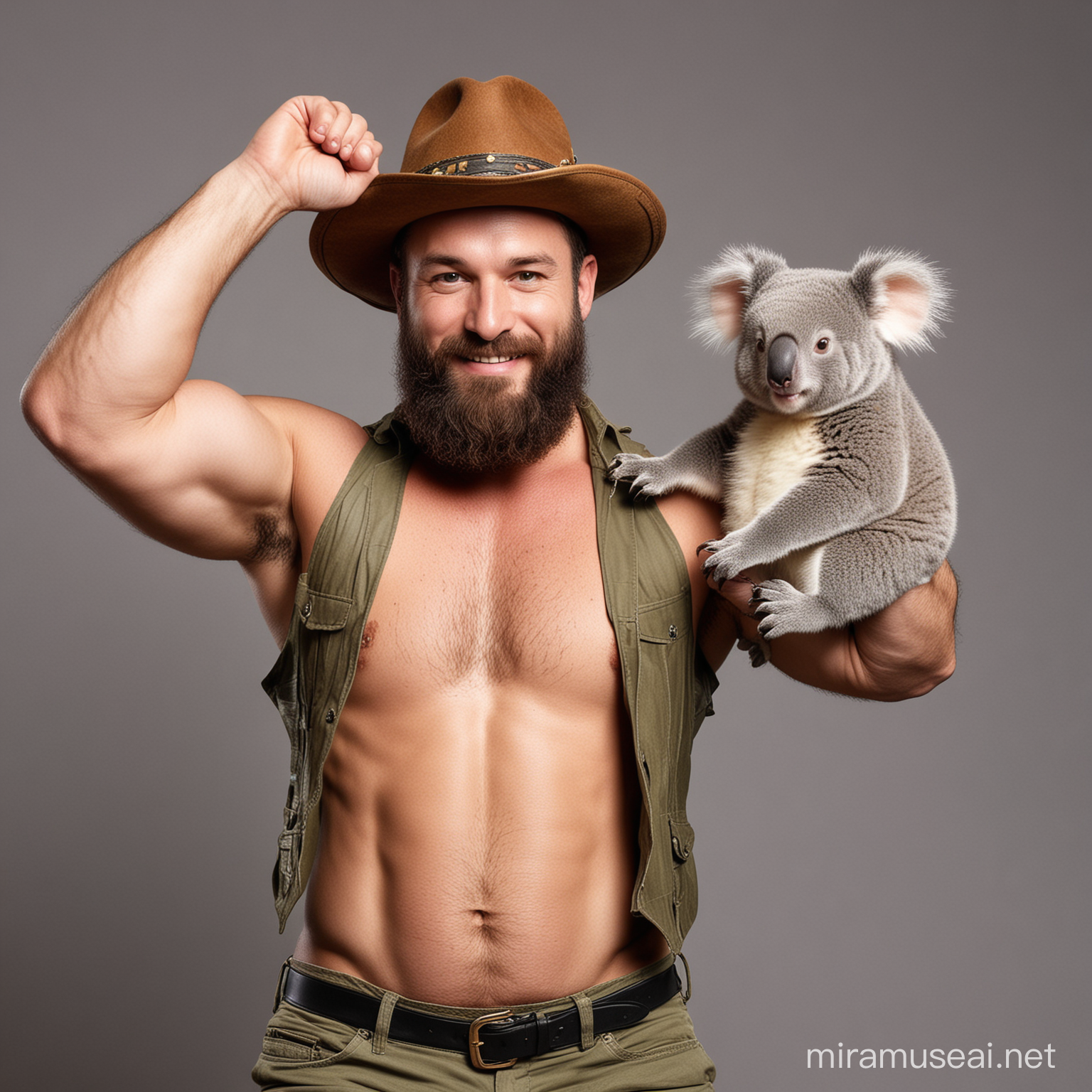 Studio Light Ultra Beefy Solid Muscled BEEFY Topless Beard 30s Daddy wearing Unbuttoned Crocodile Skin Vest Mixed Bright Coloured Short Shorts Flexing his Very Big Thick Arm holding Small Koala with Mini Akubra hat