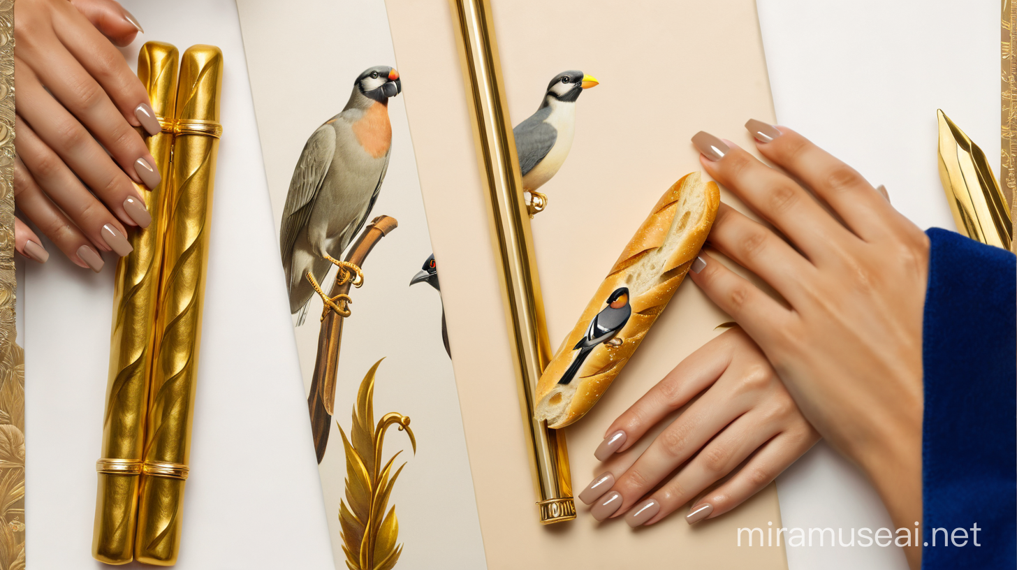 Feminine Hands Adorned with Golden Baguettes and Victorian Bird Print