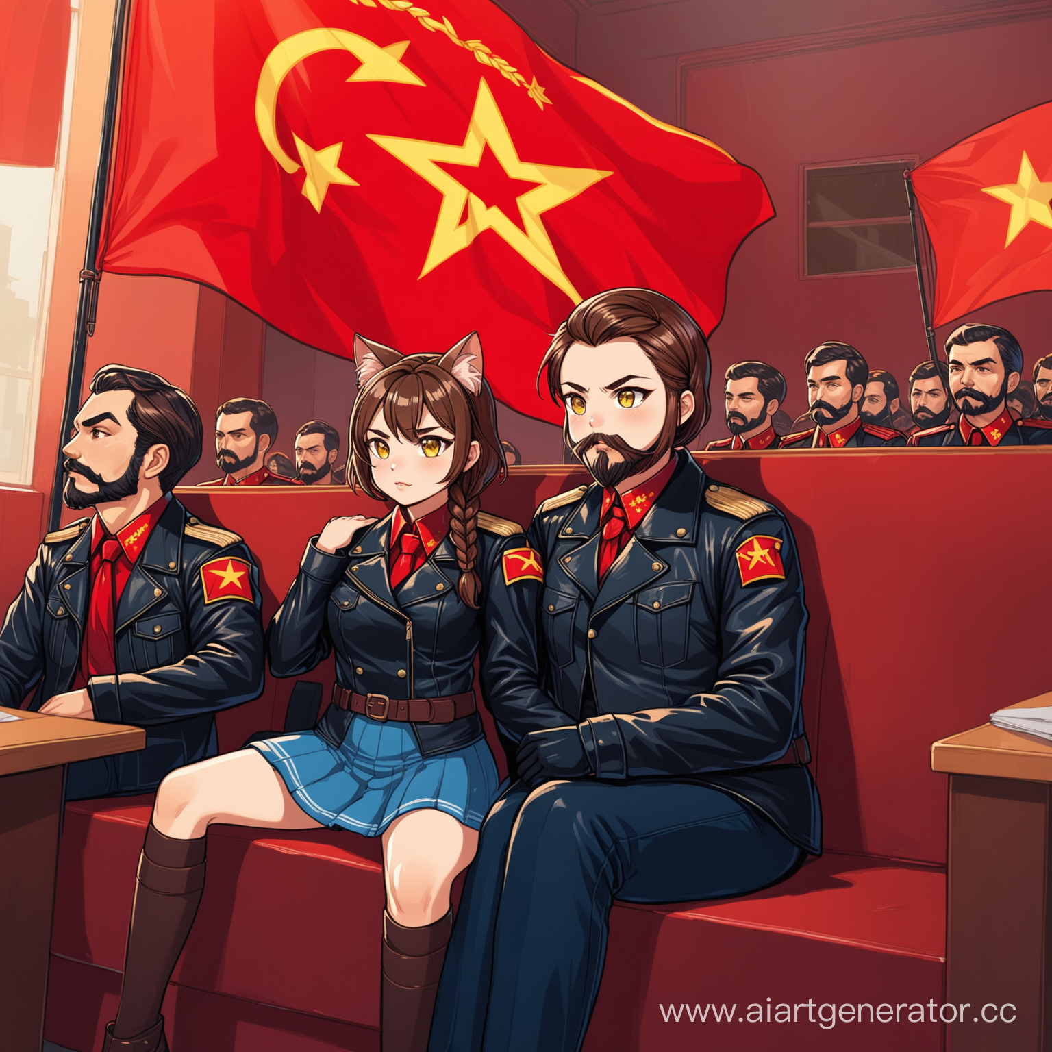 Many Catgirls yellow eyes brown hair (one short braid), brown cat ears, short blue skirt, black leather jacket with red armband. Sitting on her boyfriend lap,  black leather jacket with red armband, dark blue trousers,  in Marxist-Leninist Communist Marxist-Leninist Communist room with red communist flags 