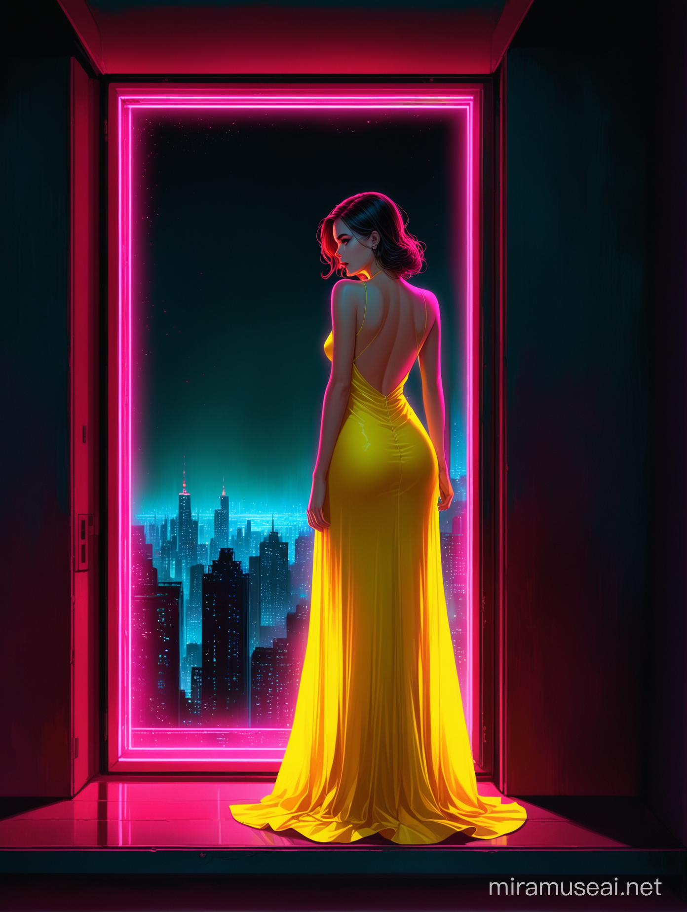 Aivision, neon colors,full body of beautiful young women , prety eyes, full red lips, she is wearing yellow long dress Exposed back , she looks out the window anxiously , dark and gloomy environment (neon lighting from outside) , Extremely detailed , intricate , beautiful , fantastic view , elegant , elegant, crispy quality Federico Bebber's expressive , fresh colors