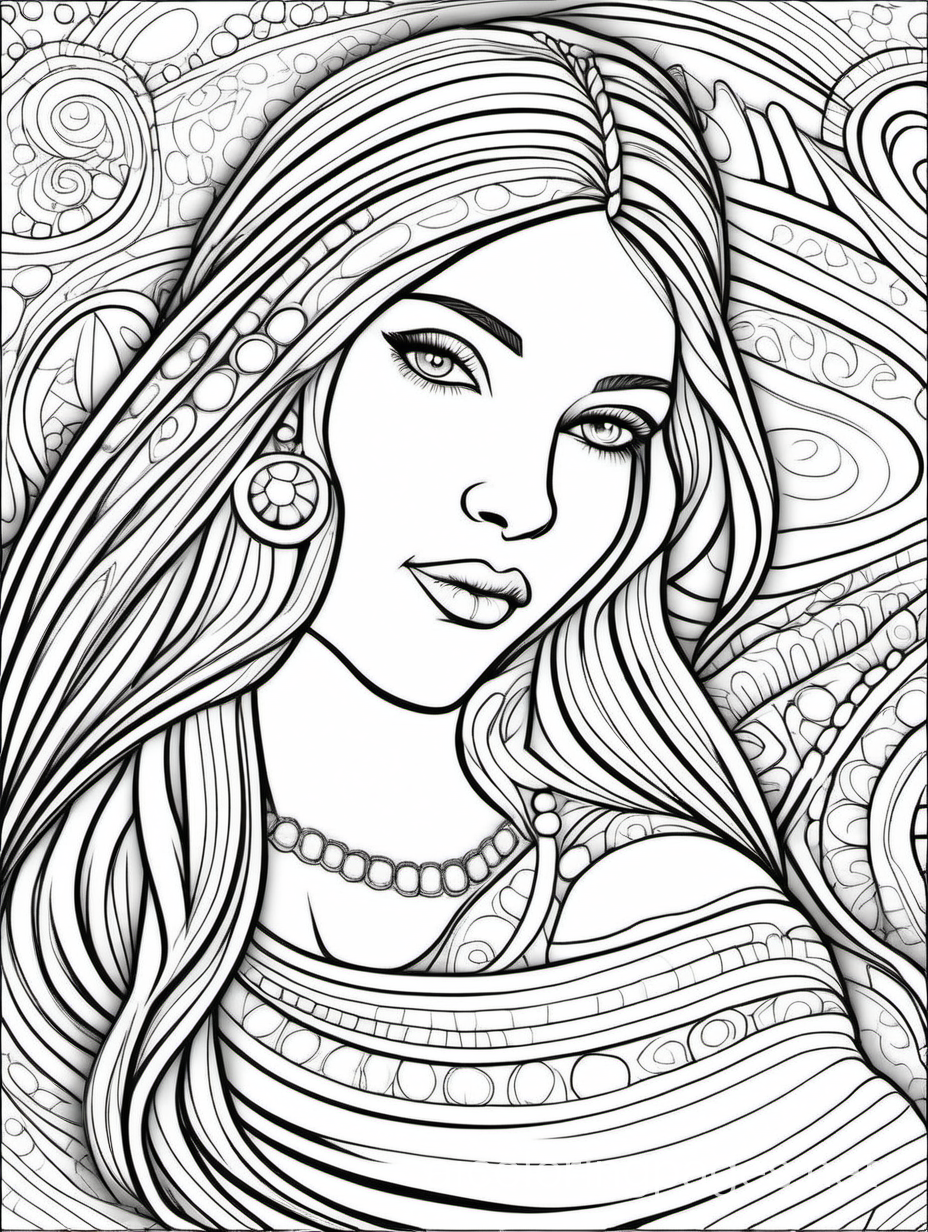 beautiful woman, Evyind Earle ,stylization with black lines, Stylization with white lines, Coloring Page, black and white, line art, white background, Simplicity, Ample White Space. The background of the coloring page is plain white to make it easy for young children to color within the lines. The outlines of all the subjects are easy to distinguish, making it simple for kids to color without too much difficulty