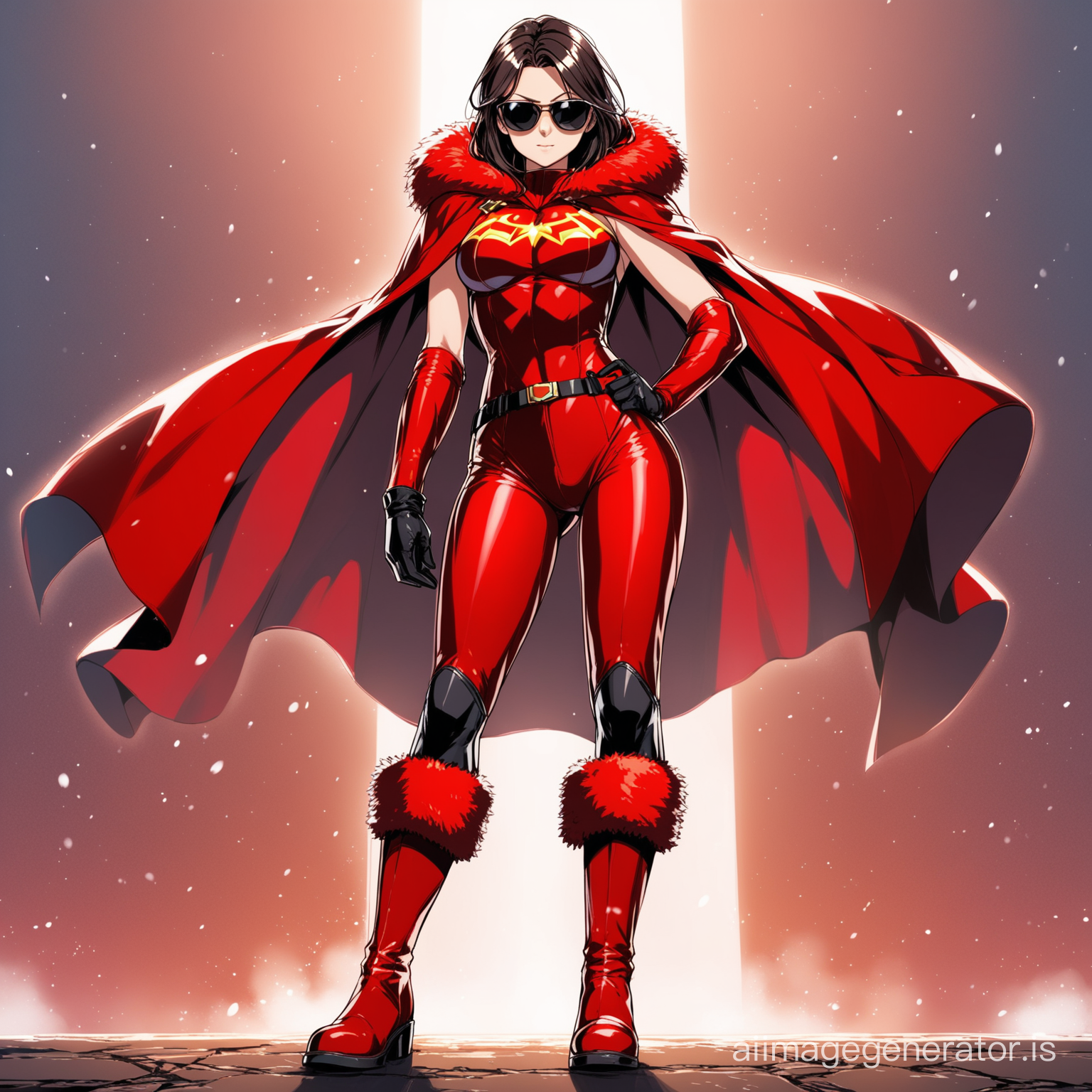 hot anime girl in a red superhero costume wearing a cape holded by fur on her shoulder region and a pair of leather boots, gloves and a pair of cool shades