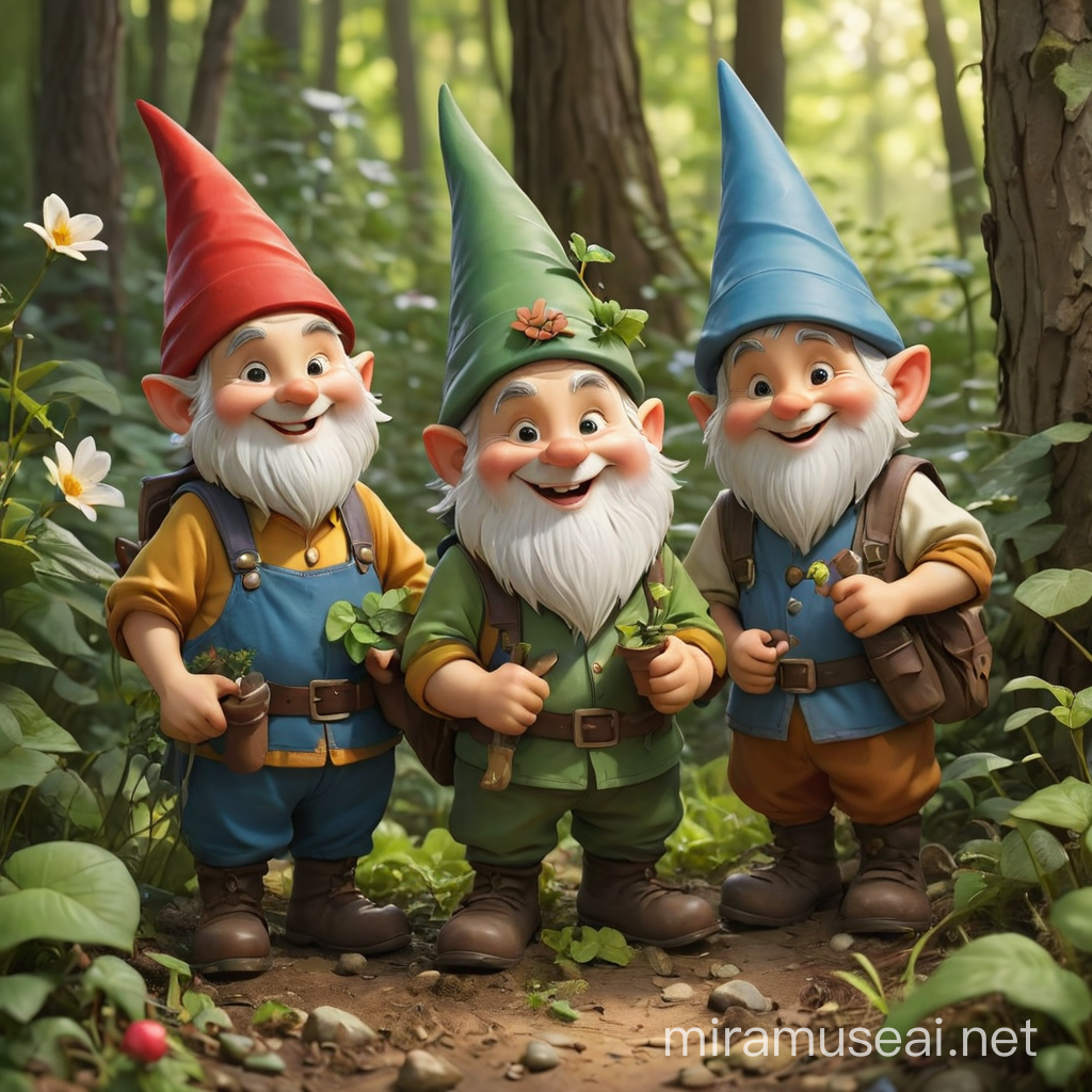 Fairy family, gardening clothes like gnomes, in the woods, trees, friendly smiling, the picture is a postcard