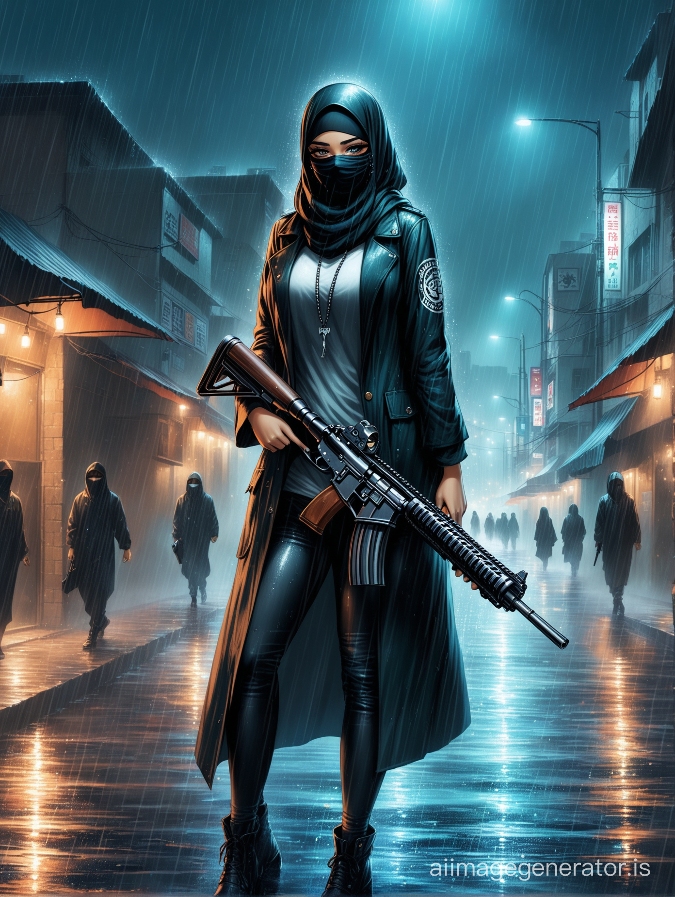 Logo picture of gangster hijab girl holding gun، masked ، city ، night، raining ،realism