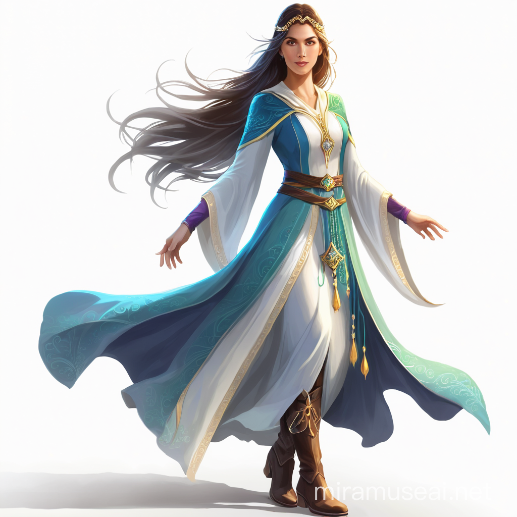 female magical healer, long dress, boots, 