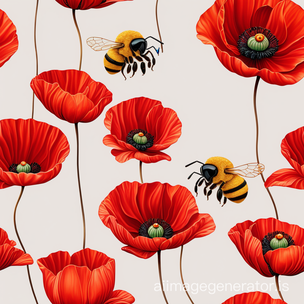 Precious art, made of precious stones of various sizes and a minimalistic image of a bee sitting on a scarlet poppy flower, 16-bit color scheme