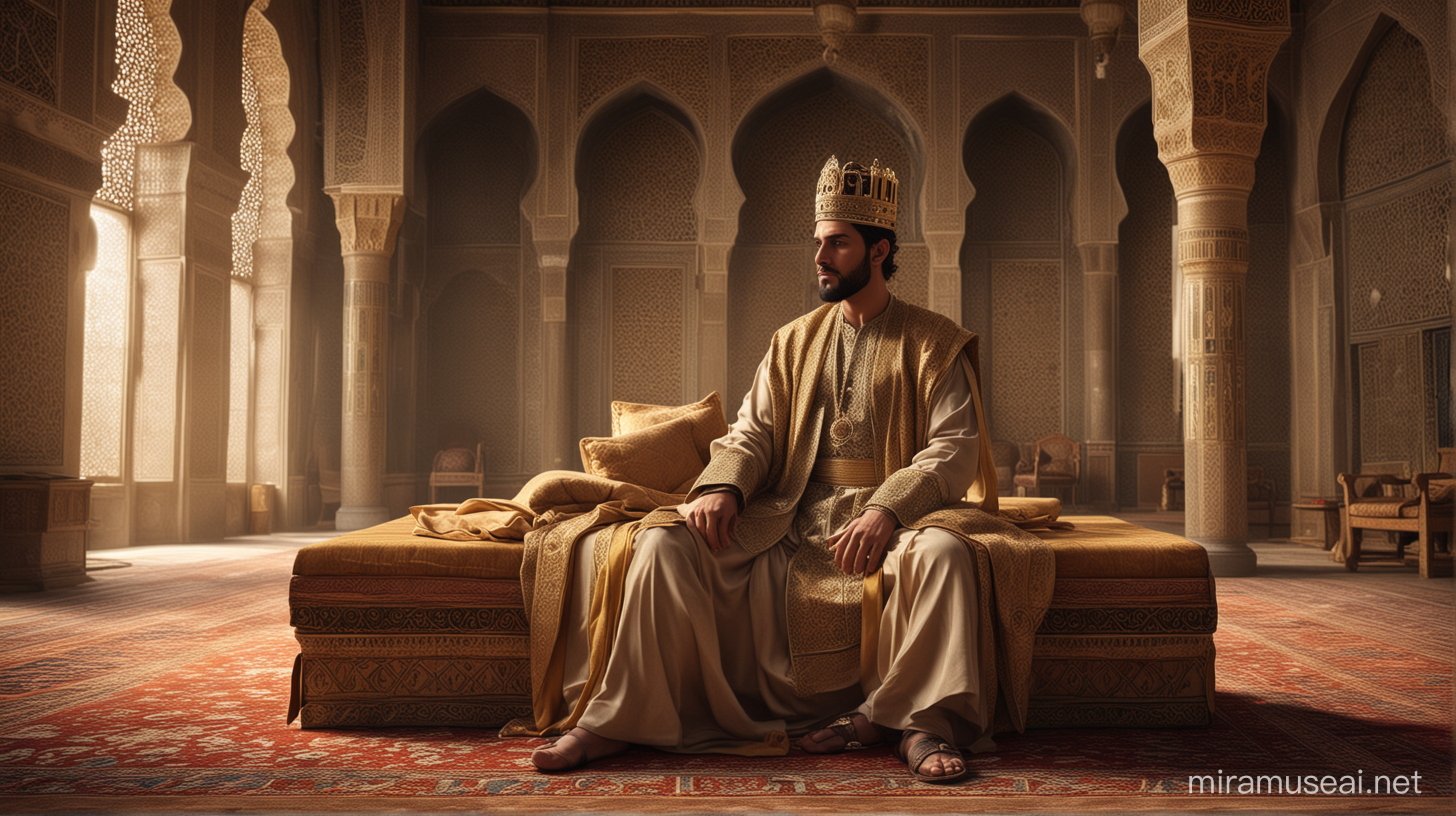 Create a very beautiful Muslim king sitting in his palace of a old time.