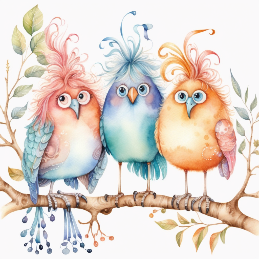 Whimsical Fluffy Fantasy Birds with Long Legs in Watercolor