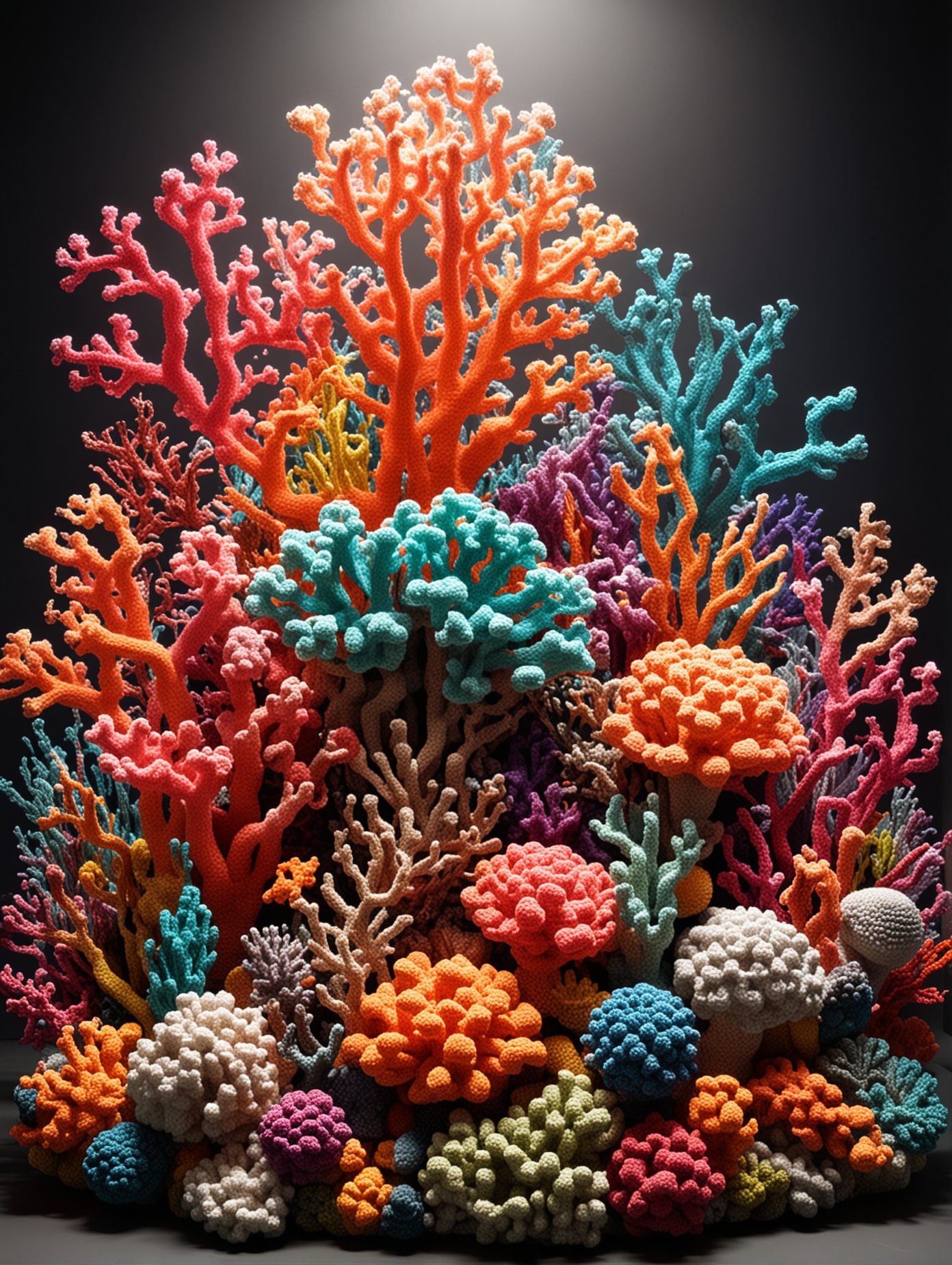 Vibrant Crocheted Coral Reef Illuminated by Singular Light Source