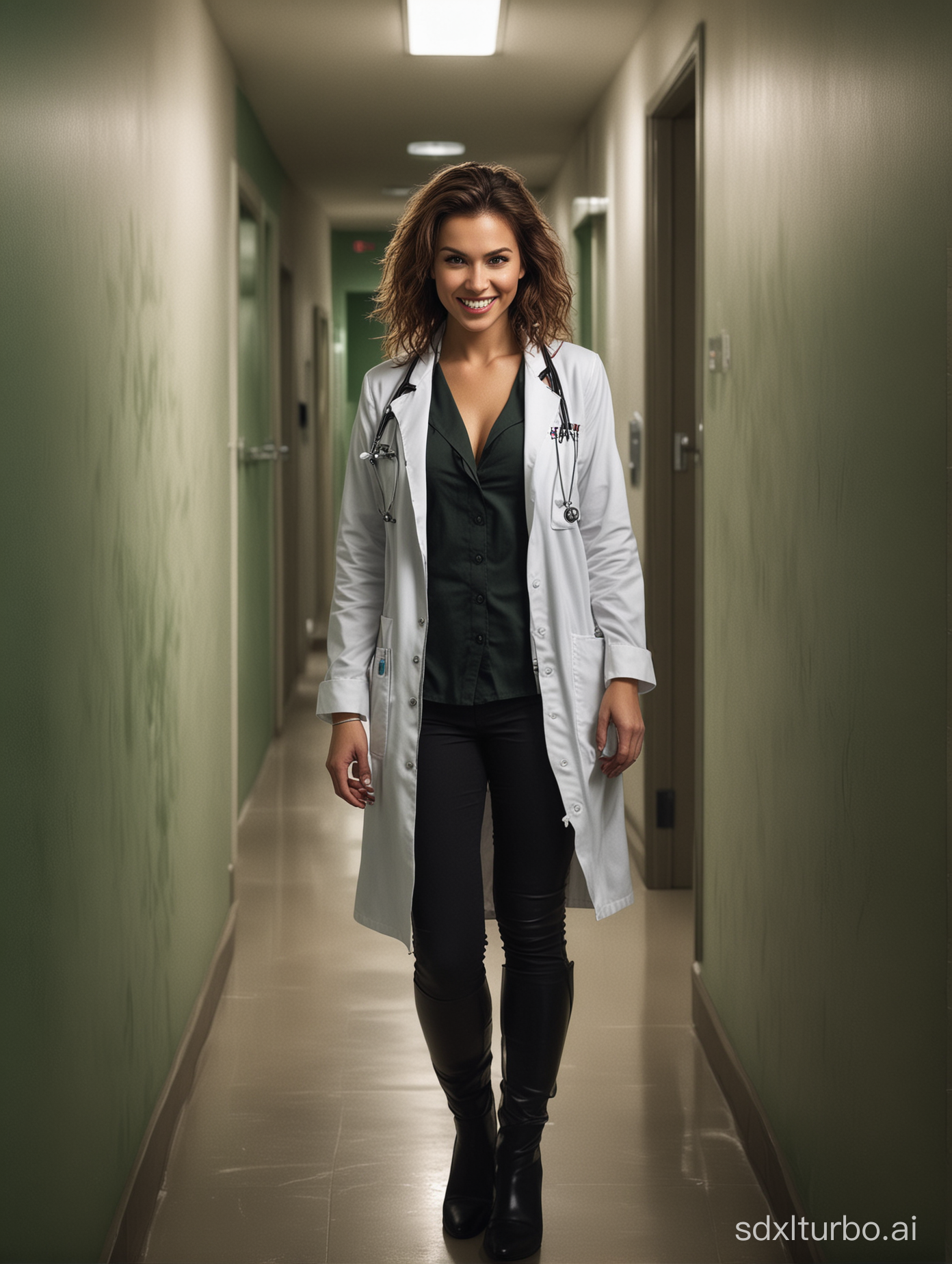 Full body portrait of a female vampire doctor, brown shaggy hair and tan skin, smiling with fangs showing, standing against a wall in a dimly lit hospital hallway, creepy green lighting, ((dynamic pose)), sneaky expression, concept art