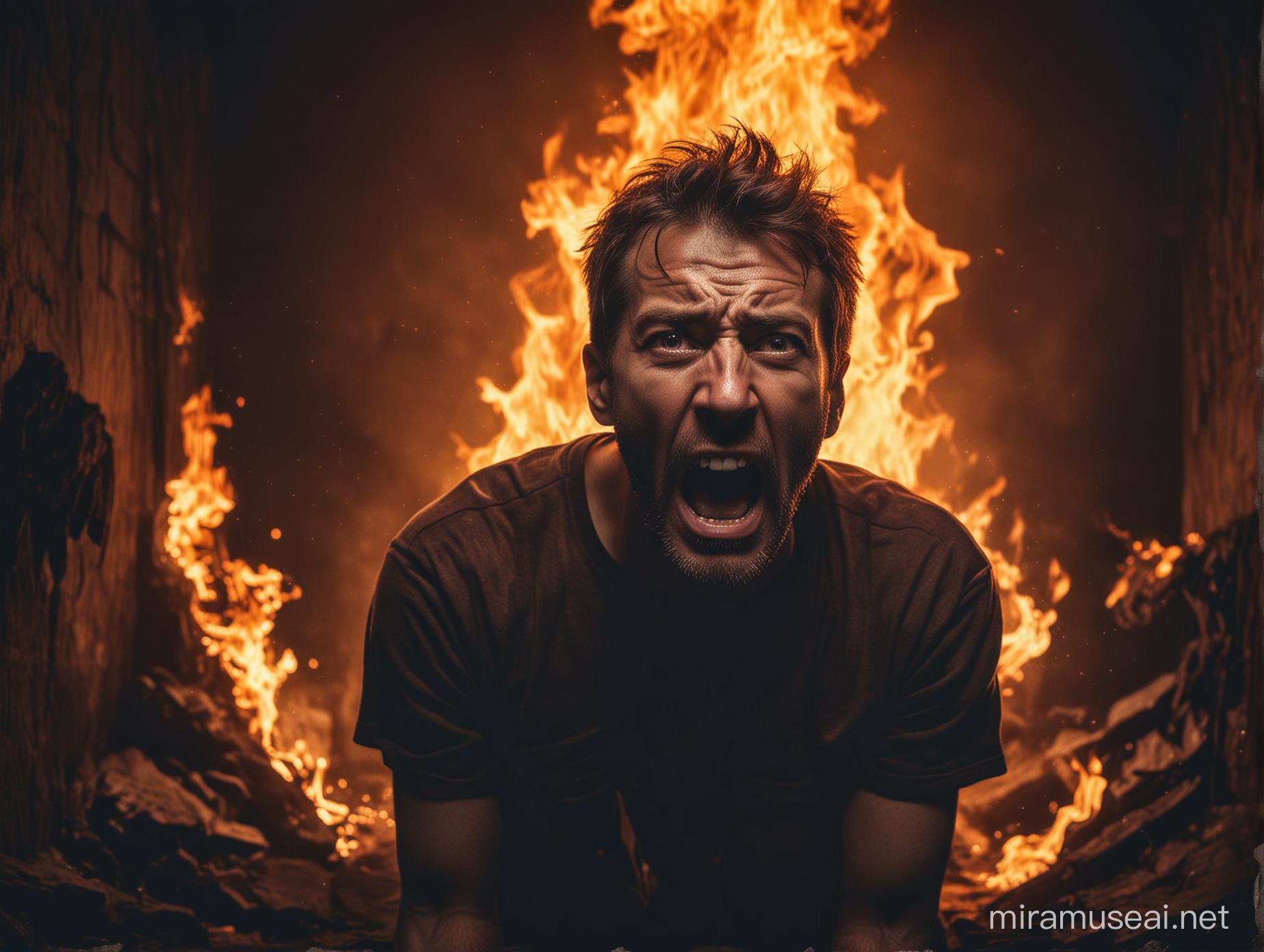 Un hombre adulto asustado y sufriendo de dolor en el infierno con llamas  y oscuro