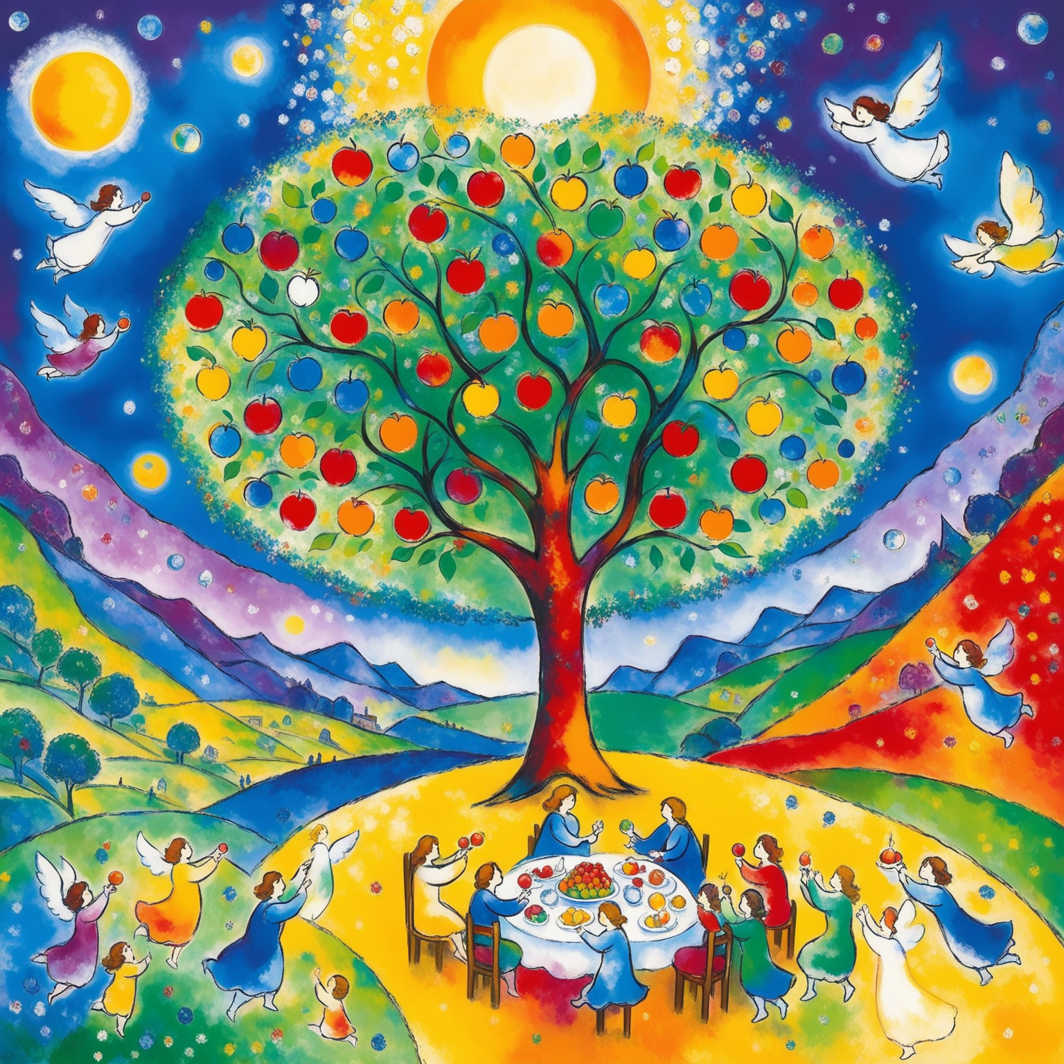 Generate a picture in the style of the artist Marc Chagall ,  a single tree using bright red, green, blue, yellow white and orange colors, give it more sky than land and add an  angel floating randomly  plus mana from a haven with a small group feasting on fruit