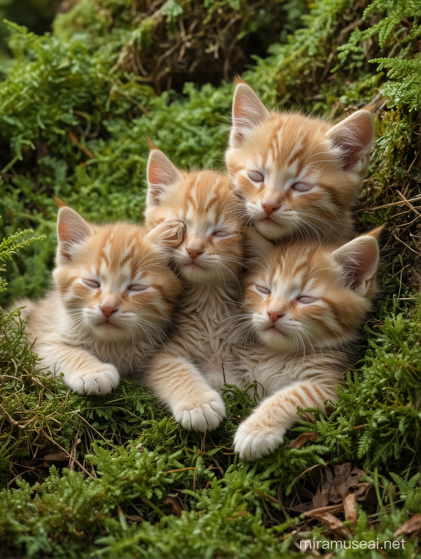 kittens lie tired and sleepy in the forest moss
