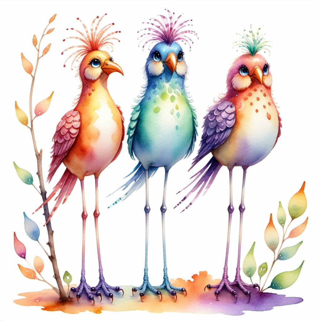 Whimsical Fantasy Birds Perched on Watercolor Twig