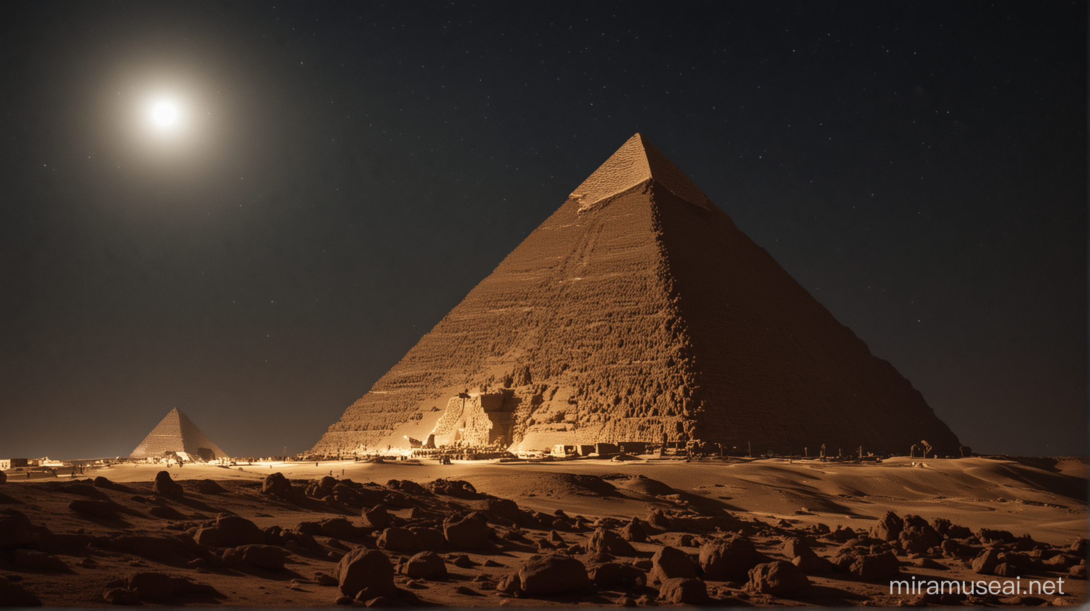 the pyramid of cheops at night in the moonlight. an alien spaceship lands next to the pyramid