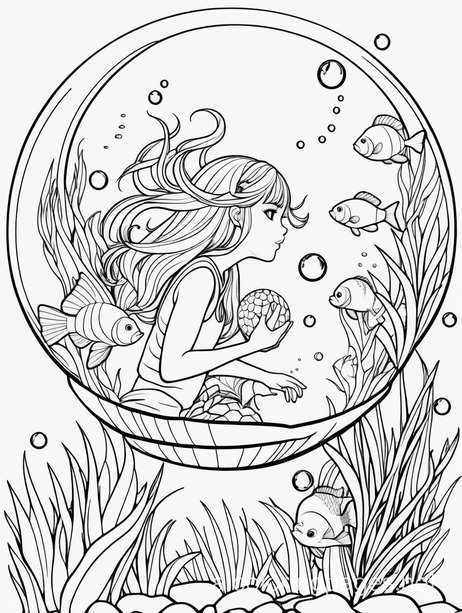 tropical fish in a glass ball held by a mermaid, Japanese style, beautiful scenic background, Coloring Page, black and white, line art, white background, Simplicity, Ample White Space. The background of the coloring page is plain white to make it easy for young children to color within the lines. The outlines of all the subjects are easy to distinguish, making it simple for kids to color without too much difficulty