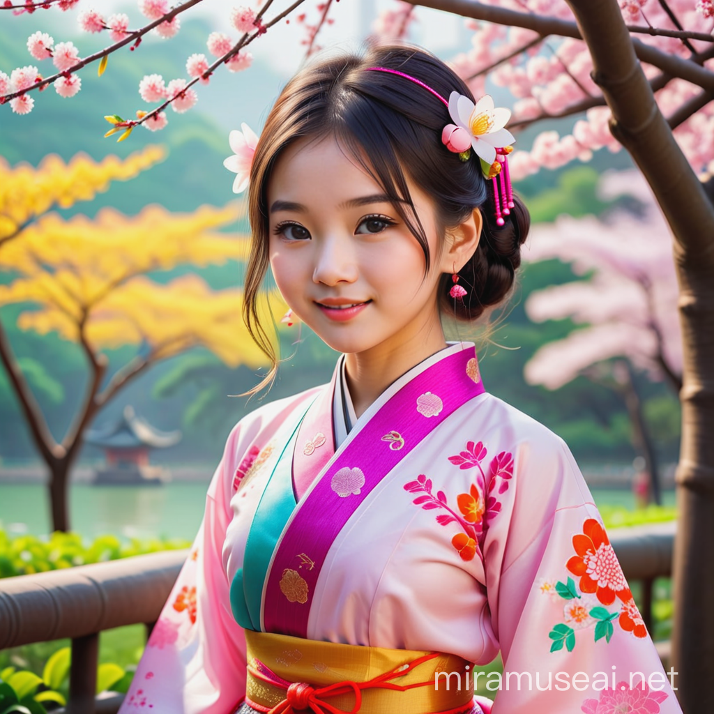 Cheerful Asian Girl in Traditional Costume Enjoying Springtime