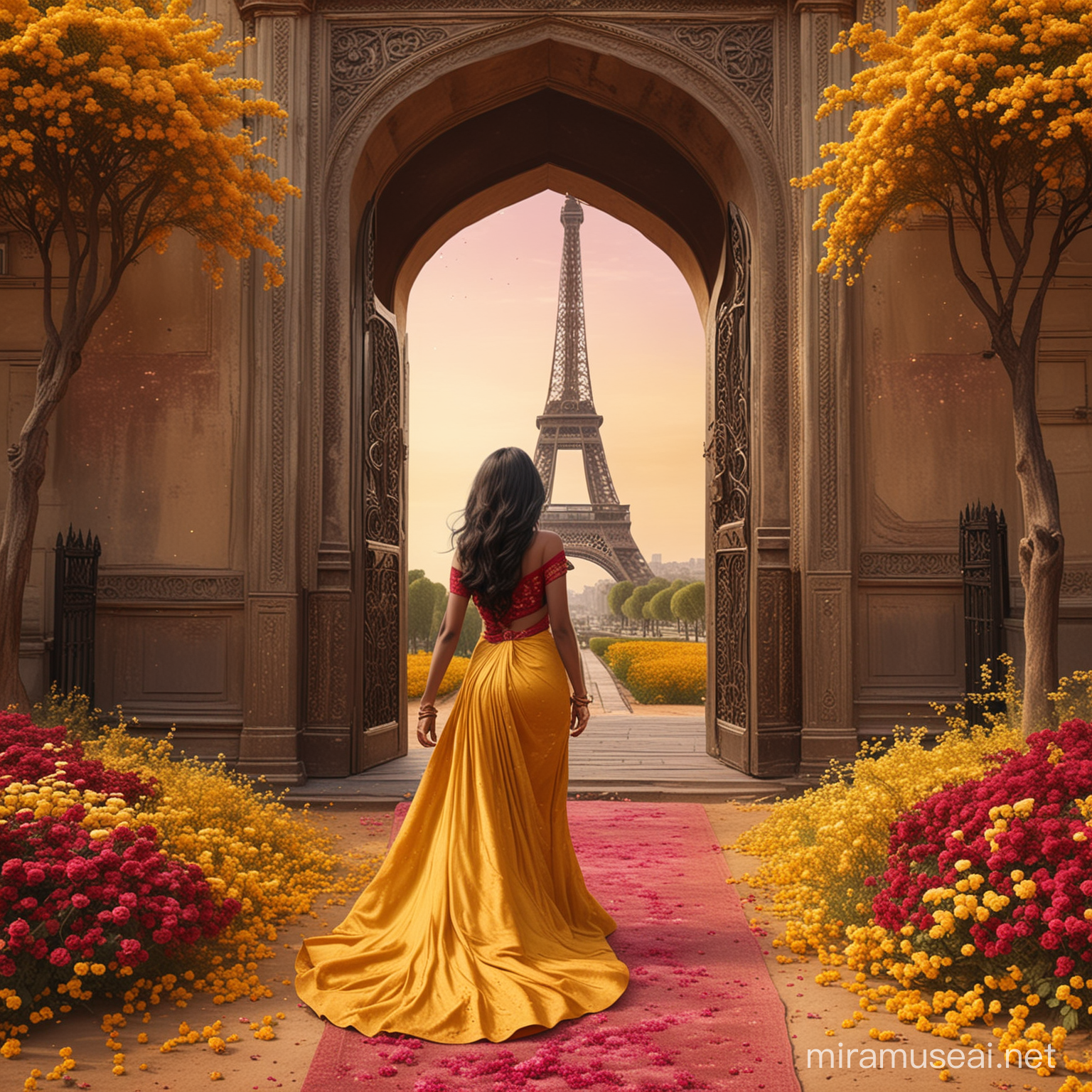 A beautiful indian princess, from behind, walking to an opened golden arabian door, surrounded by dark yellow flowers and dark pink dust on the ground. Long wavy black hair. Elegant long dark red and yellow dress, sari tissu. Background tower eiffel view. background floral trees. 8k, fantasy, illustration, digital art, illustration art, fantasy art, fantasy style