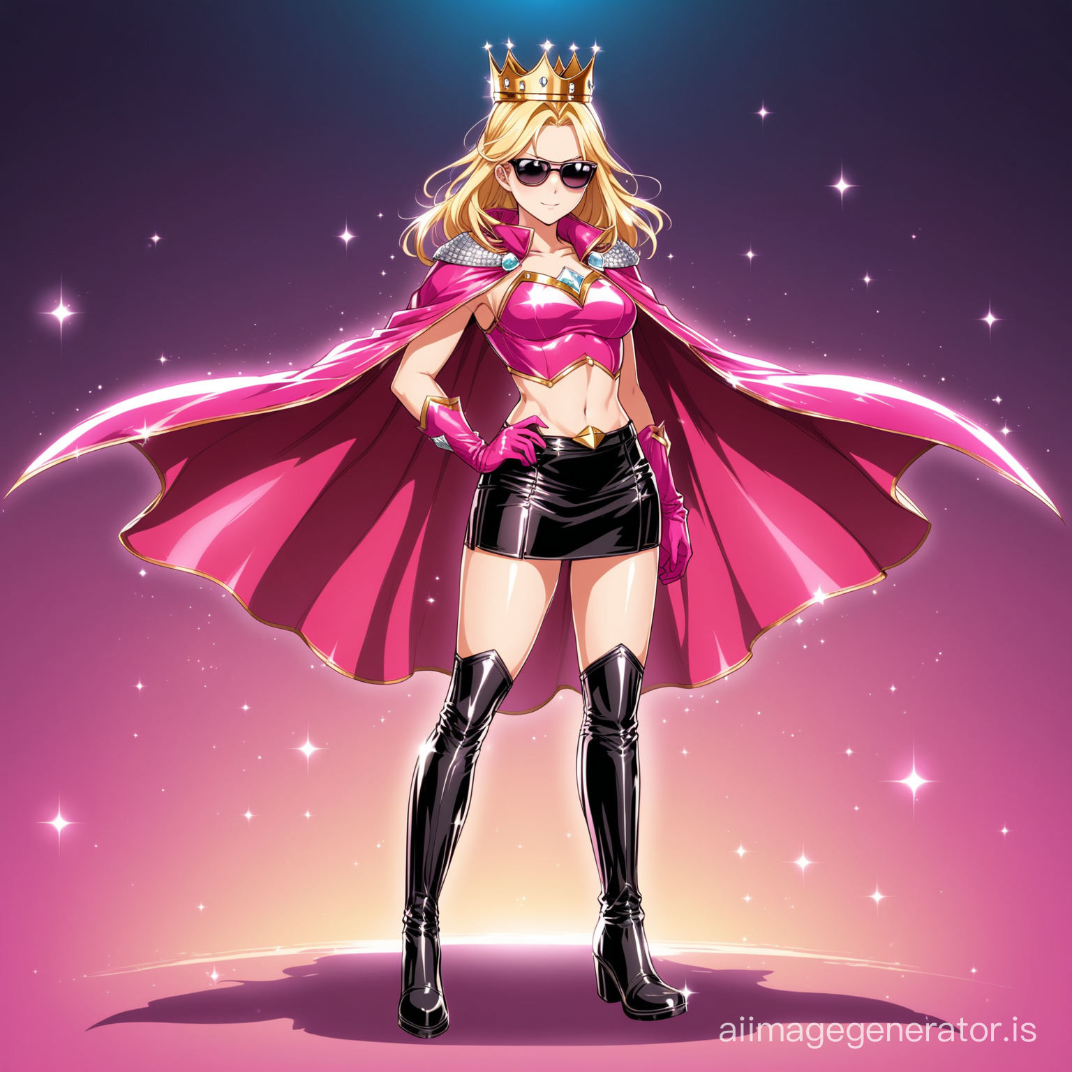 hot blonde anime girl in a pink superhero costume wearing a hot leather skirt, a cute croptop,  
a cape on her shoulder region and a pair of leather boots, gloves and a pair of cool shades. she looks royal and wears a crown embeded with diamonds
she gives a hot pose with her hands kept behind her back