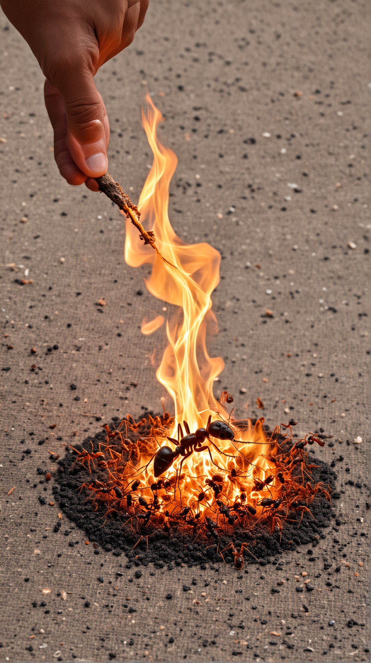 a man burning ant with fire