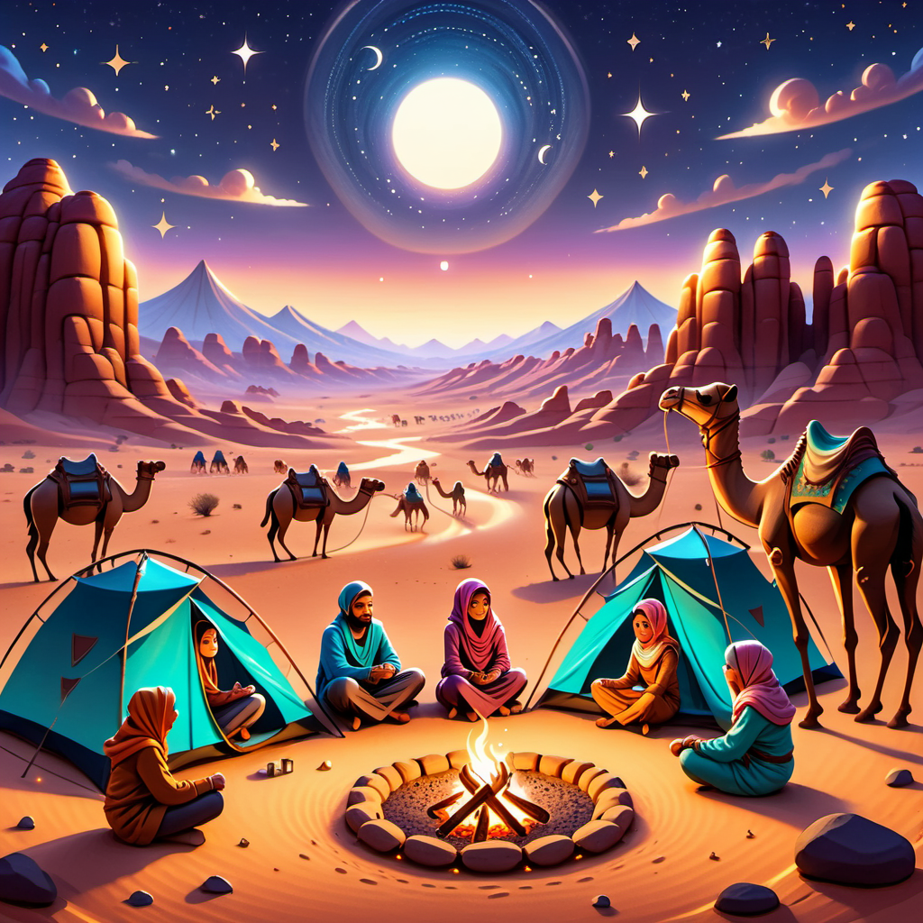 Eine Nomadenfamilie sitzt um ein Lagerfeuer herum, während die Nacht langsam dem Tag weicht. Sie sind von ihren Zelten umgeben, und in der Nähe sind einige Kamele angebunden. Über ihnen erstreckt sich der endlose Sternenhimmel der Wüste.
illustration, kawaii style
