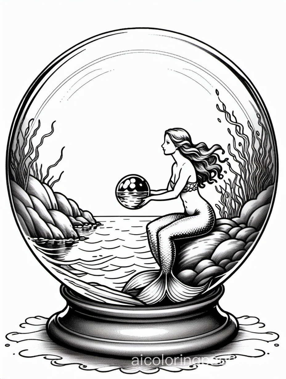 a glass ball held by a mermaid, John Frederick Kensett,  beautiful scenic background, Coloring Page, black and white, line art, white background, Simplicity, Ample White Space. The background of the coloring page is plain white to make it easy for young children to color within the lines. The outlines of all the subjects are easy to distinguish, making it simple for kids to color without too much difficulty