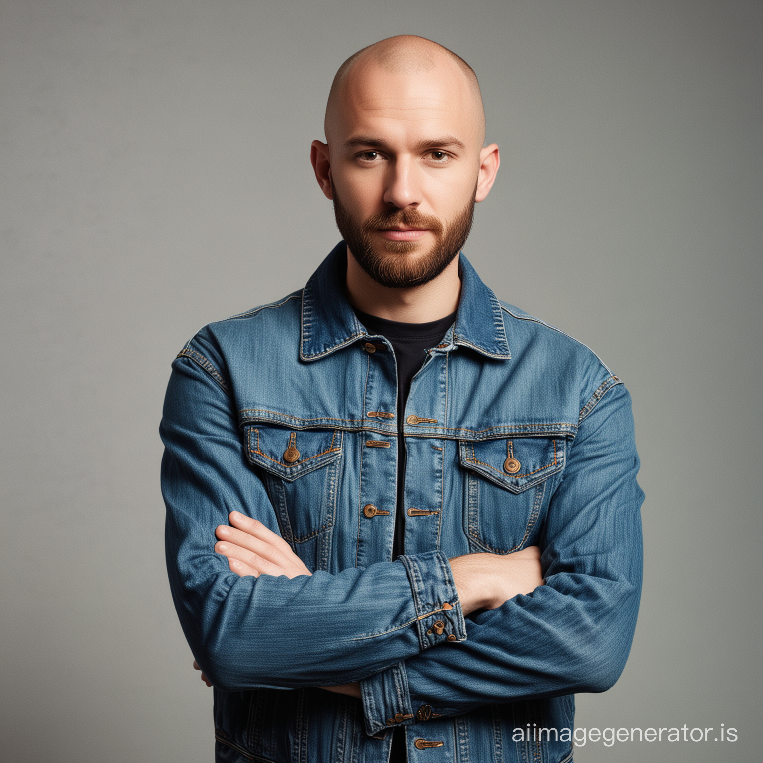 Man with short beard and bald head with arms crossed... wearing denim jacket and jeans