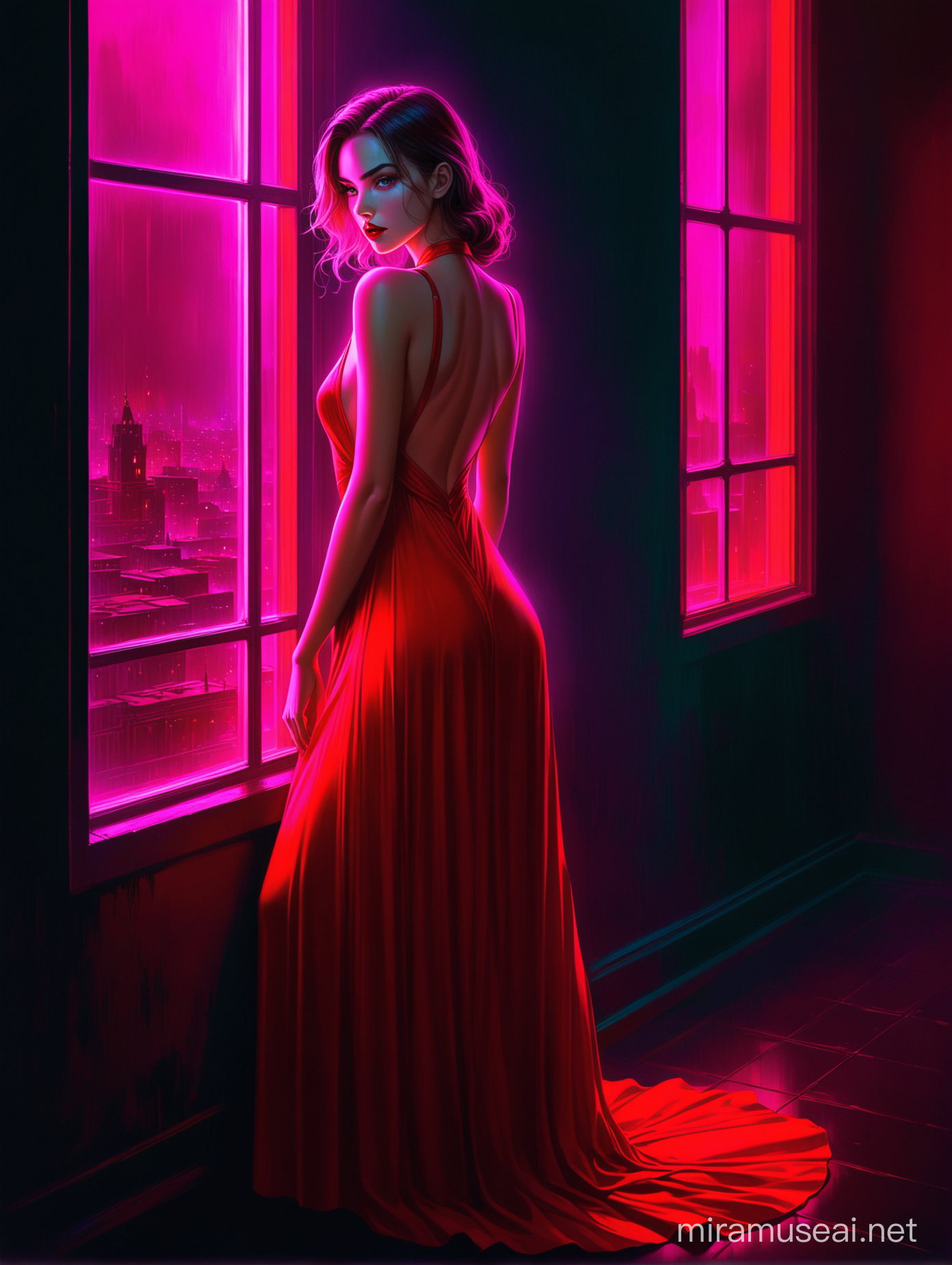 Beautiful Young Woman in Red Dress Gazing Anxiously out a Dark Window