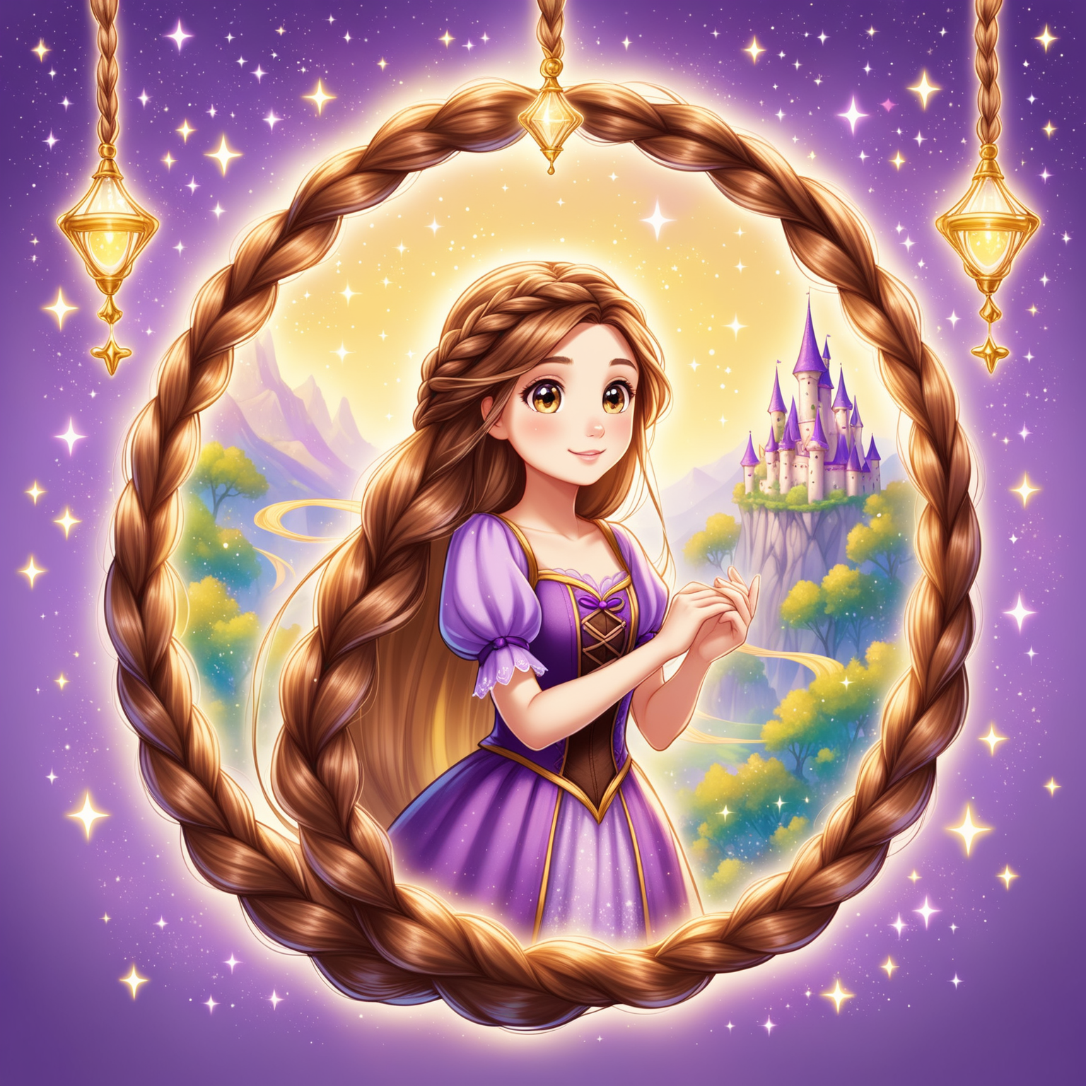 Whimsical Rapunzel with Long Brown Braid in Enchanting Purple and Yellow Setting