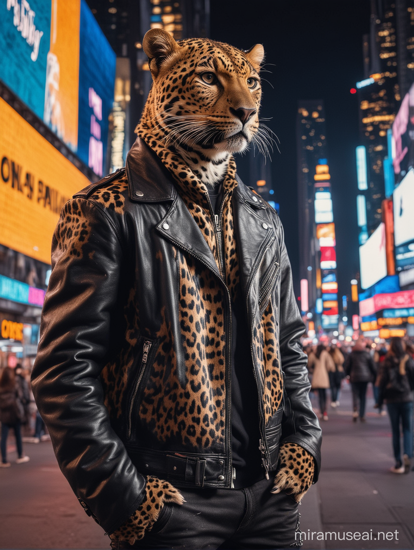 MALE LEOPARD ANIMAL WITH LEATHER JACKET, rough appearance, IN NEW YORK CITY AT NIGHT, BACKGROUND OF TIMES SQUARE, NEON STYLE