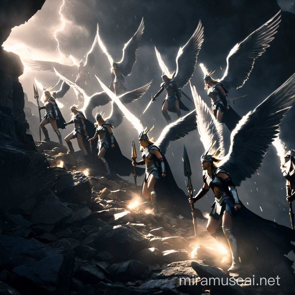 A cinematic scene from a dark fantasy film, capturing the Valkyries in the act of choosing the worthy. The Valkyries are depicted as powerful, ethereal beings with wings and armor, glowing in the dim light. They are standing on a rocky cliff, overlooking a battlefield filled with fallen warriors. The atmosphere is intense, with a sense of urgency and consequence. The dark sky is filled with a fierce storm, with lightning illuminating the scene and casting dramatic shadows., photo, dark fantasy, cinematic