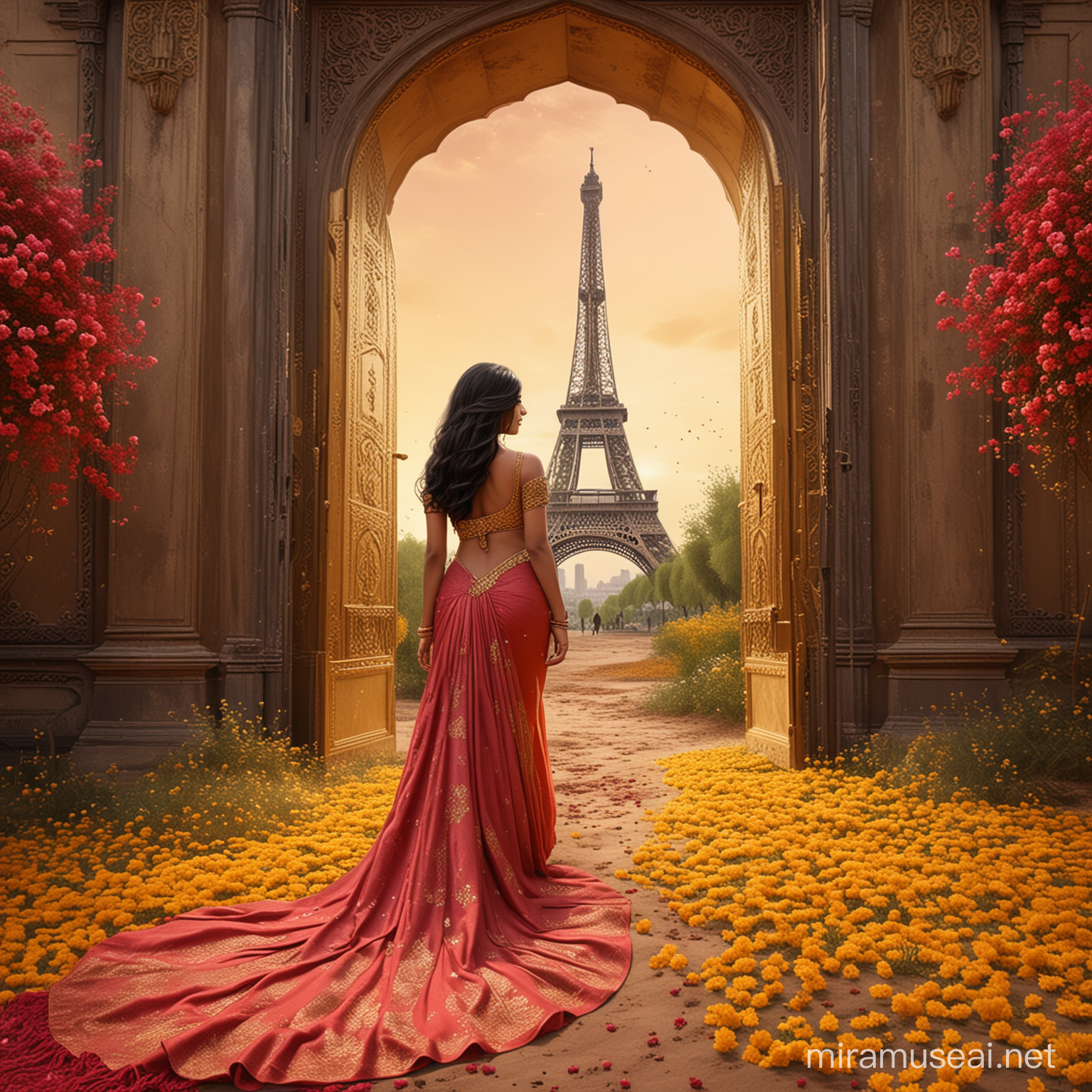 A beautiful indian princess, from behind, walking to an opened golden arabian door, surrounded by dark yellow flowers and dark pink dust on the ground. Long wavy black hair. Elegant long dark red and yellow dress, sari tissu. Background tower eiffel surrounded by flowers. background floral trees. 8k, fantasy, illustration, digital art, illustration art, fantasy art, fantasy style