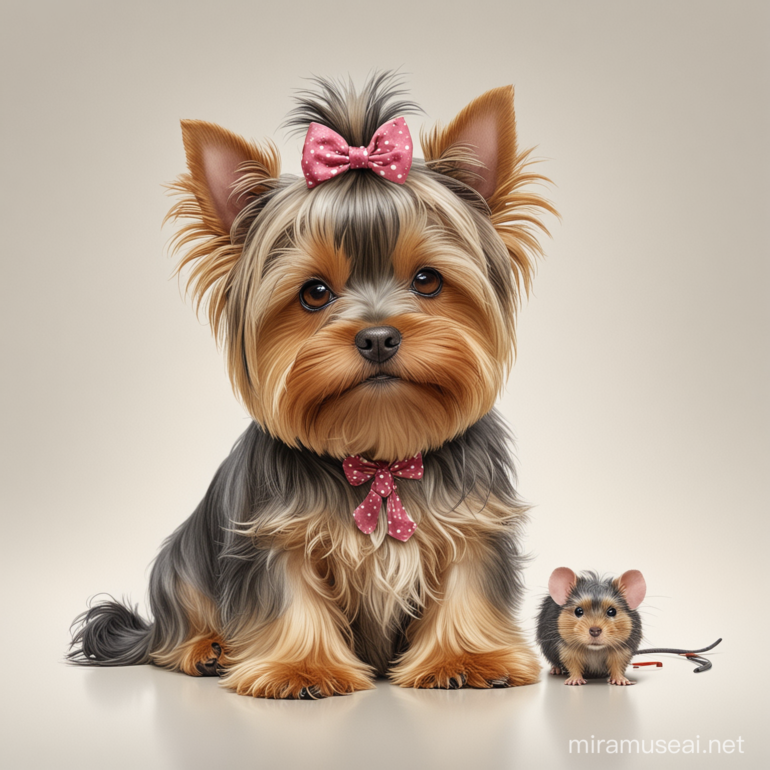 Adorable Yorkshire Terrier Cuddling with Little Mouse in Cartoonish Style
