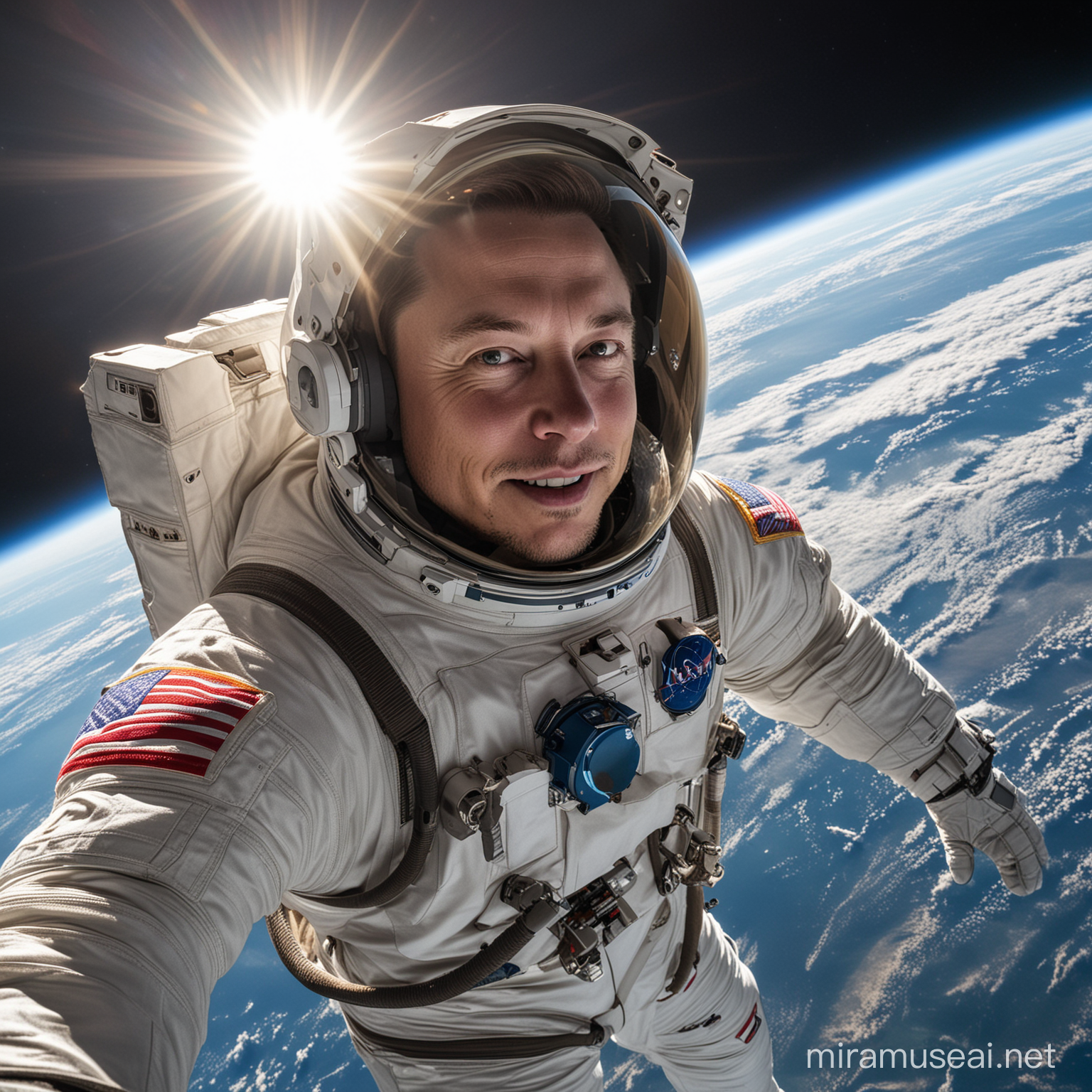 create image of elon musk in an NASA astronaut suit in outer space above the earth. he is wearing NASA helmet. 3/4 view, reflecting of sun on glass of his round helmet. NASA backpack. full body action. international space station is in background. He is looking at us. giving thumbs up