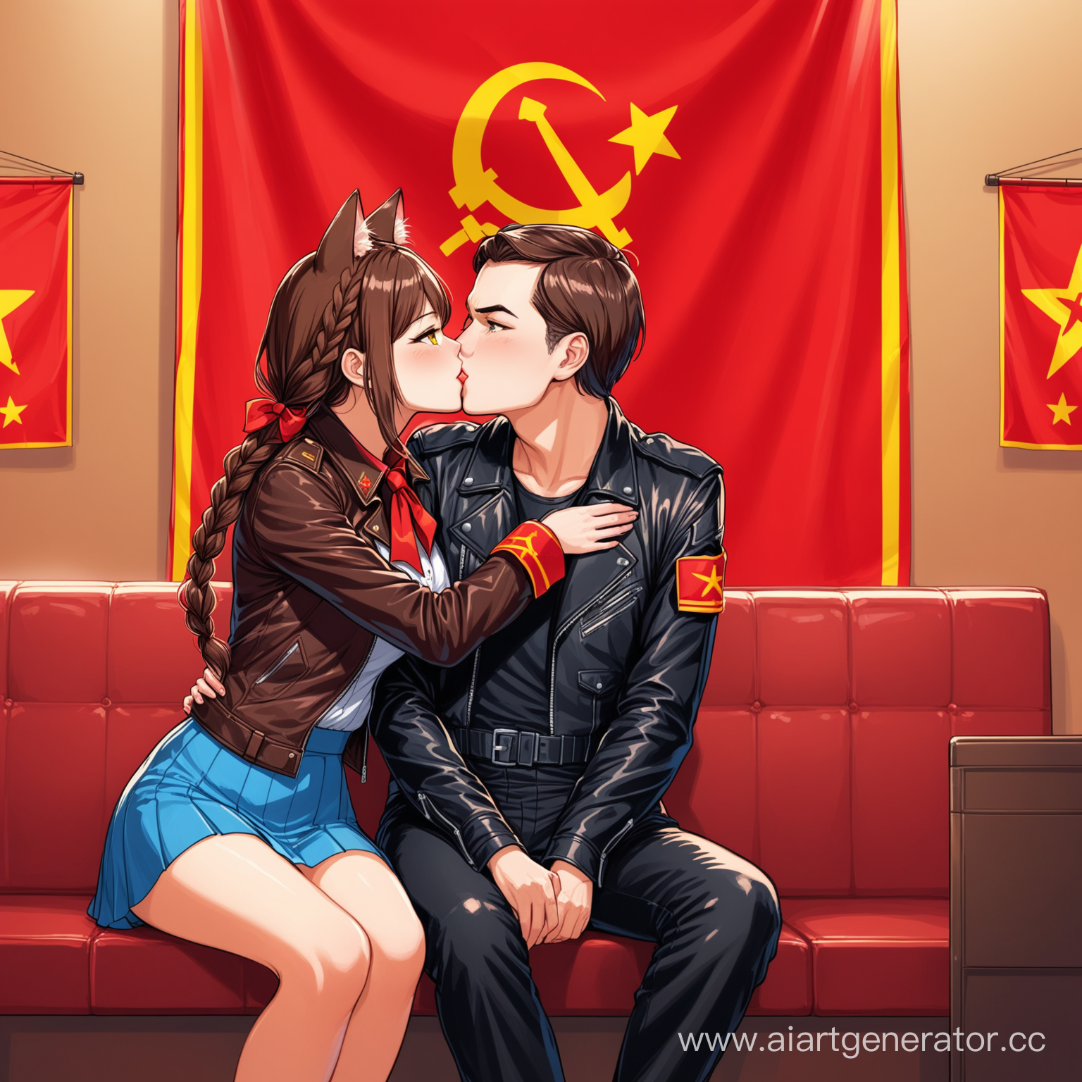 Catgirl yellow eyes brown hair (one short braid), brown cat ears, short blue skirt, black leather jacket with red armband. Kiss and Sitting on her boyfriend lap,  Communist squad Communist room with red communist flags