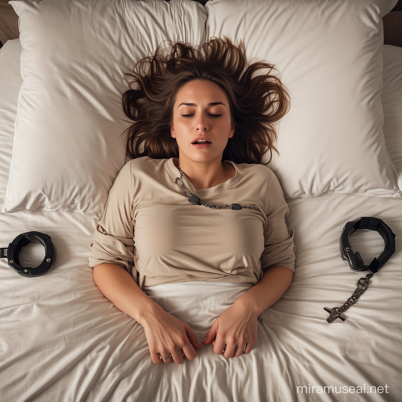 A woman lying face down on a bed with her hands cuffed, calls for help, that image must be hiperrealistic