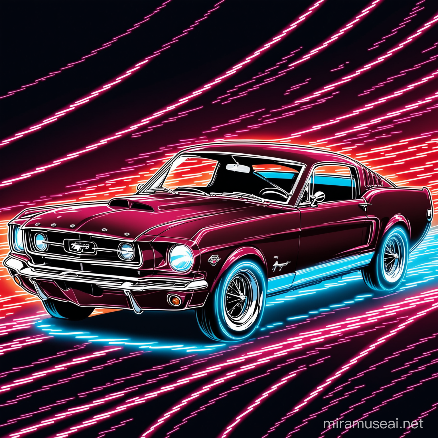Ford Mustang clásico rojo vino, lineas de velocidad de neón rojo y azul, art retro
