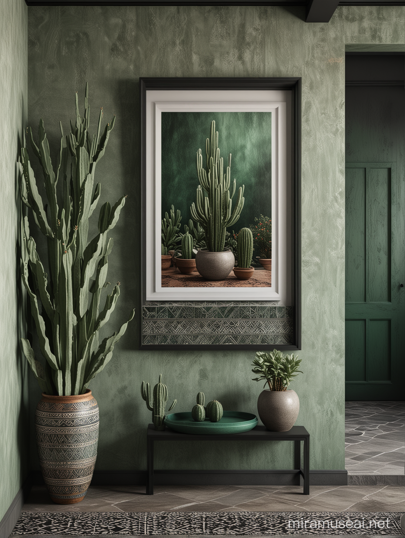 A gorgeous malachite green moroccan handmade style tiled wall contemporary close up framed black poster mockup with a minimal interior design including stairs and entrance hall, huge stone elements, including a contemporary Wabi Sabi huge vase in dark grey rustic finish as decoration with huge cactus, huge windows in the magazine style of ARCHITECTURAL DIGEST, a high quality architectural visualization, using 3D modeling software with photorealistic materials and advanced lighting techniques to showcase the intricate details and modern look of the room