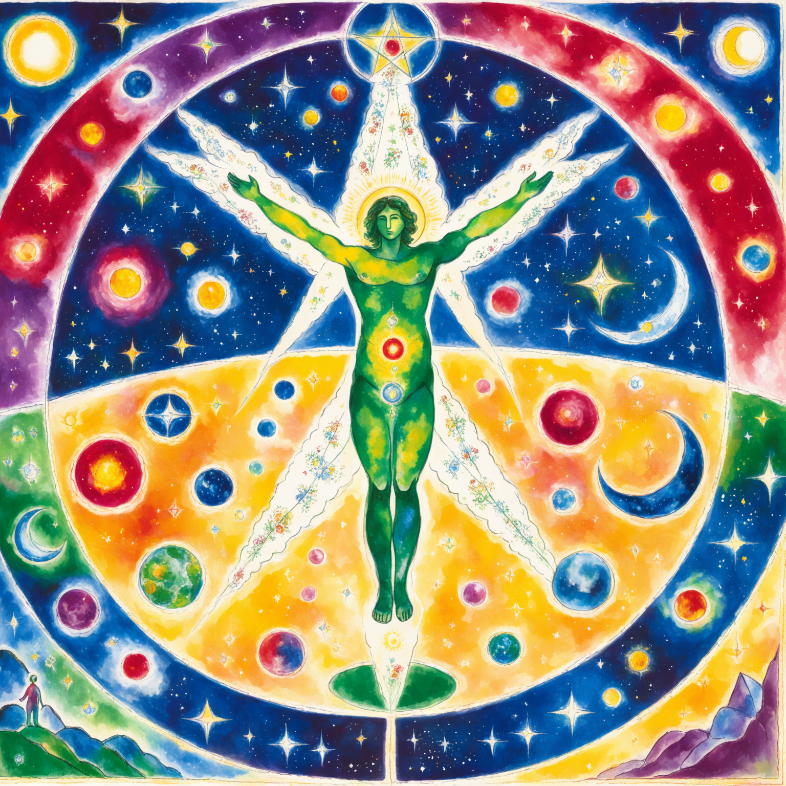 
Generate a picture in the style of the artist Marc Chagall of a kabbalistic creation scene of the cosmos with God radiating at the center with the cosmos and universe as the background need  a VERY  large MALE GOD figure
