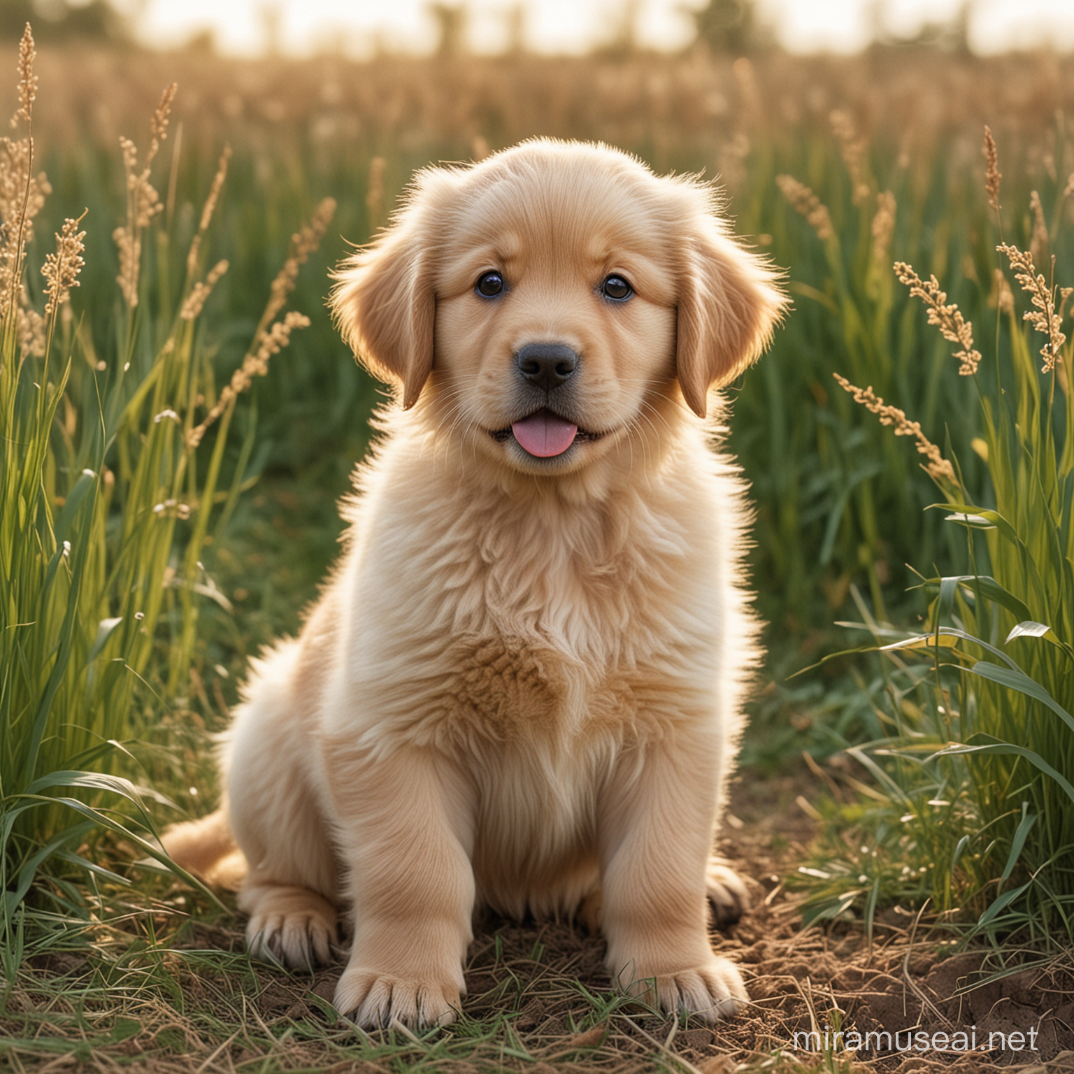 Adorable Golden Retriever Puppy Sitting in Short Grass