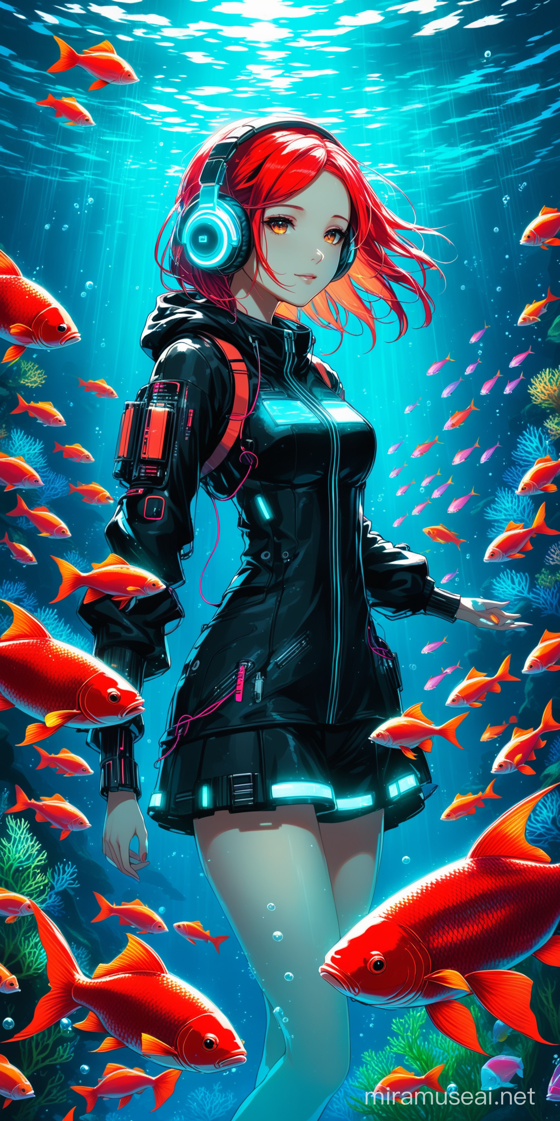 Cyber punk girl listening to music in an underwater garden with red fish swimming around with bioluminescence