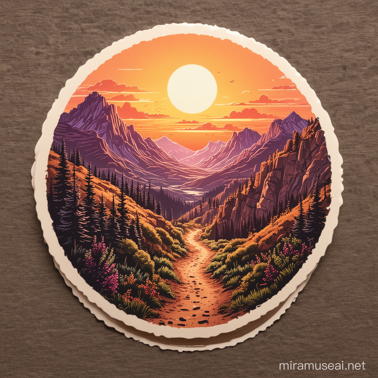generate a sticker type image of a hiking trail with sunset in the background