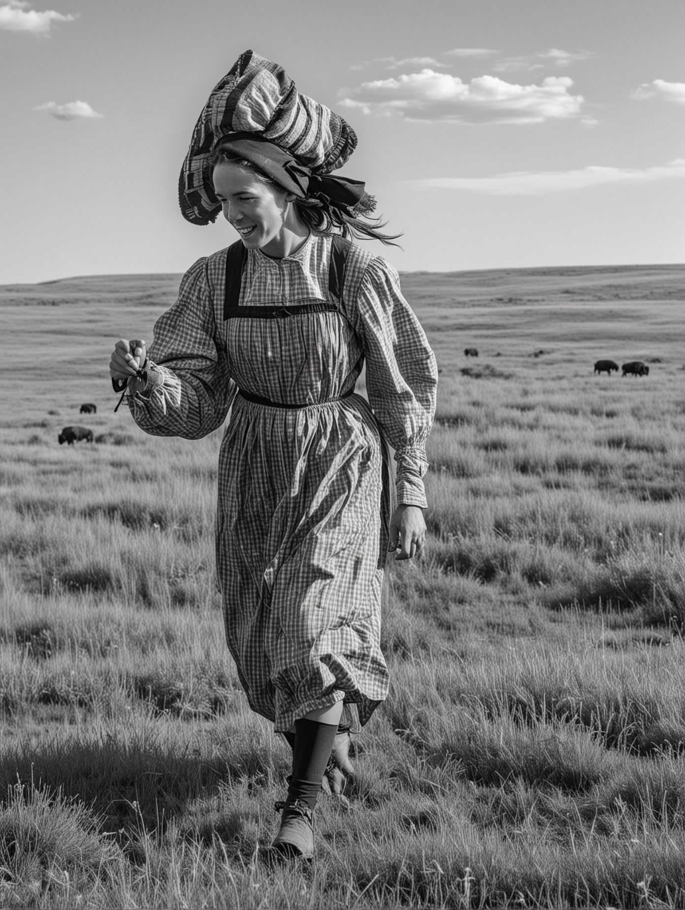 Prairie Pioneer Woman Running Amidst Buffalo Herd in Monochrome