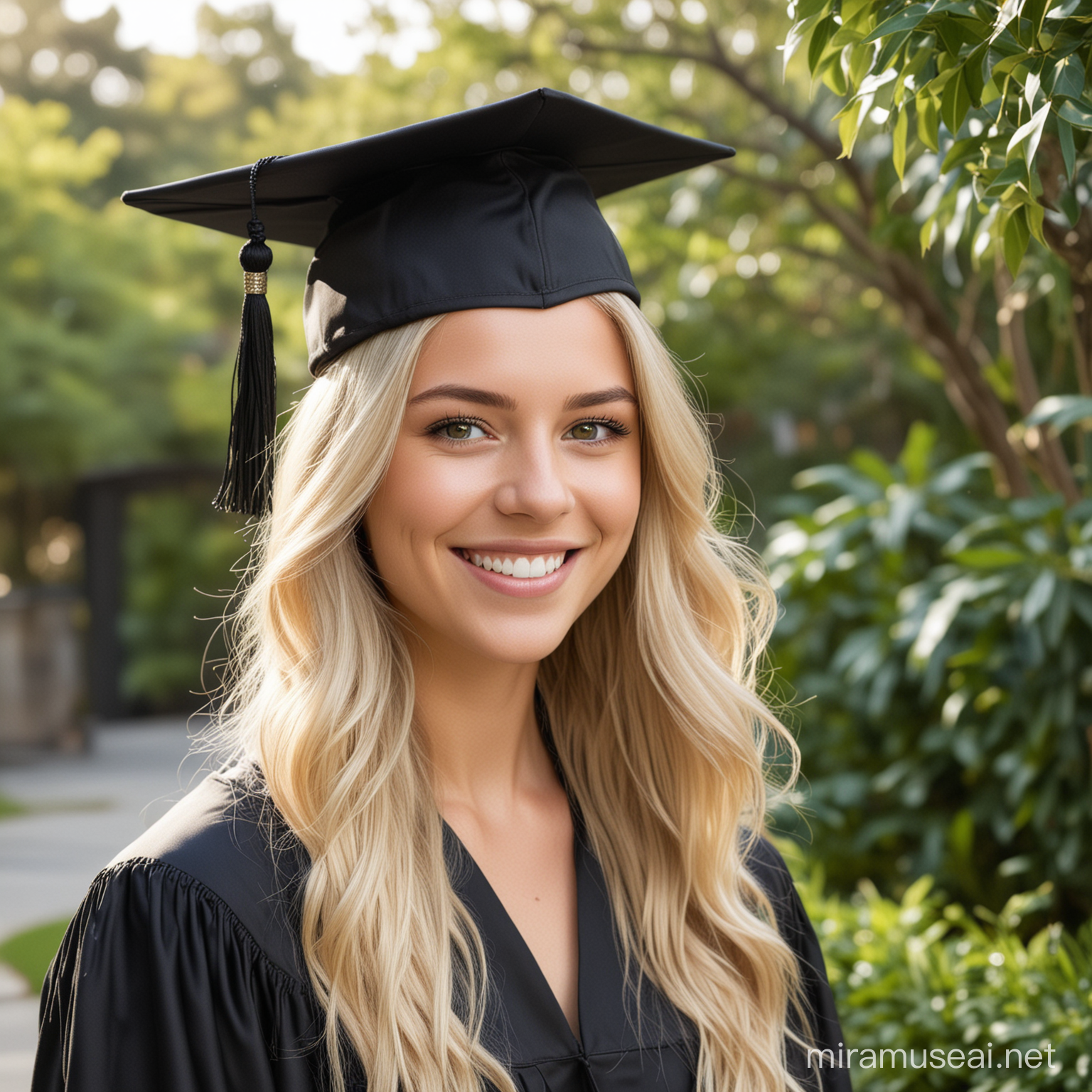 Create an image of a young woman with light blonde hair that falls in loose waves, wearing a black graduation cap and gown. The cap is adorned with a long, silver tassel. She has a radiant smile, bright eyes, and an air of celebration about her. The background is softly blurred with hints of greenery, suggesting an outdoor setting. Her appearance reflects the happiness and satisfaction of achieving an academic milestone.