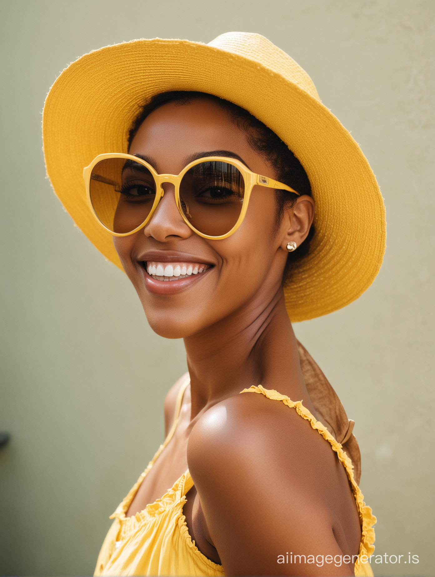 Black woman in yellow sundress, yellow hat and yellow framed sunglasses with smile.