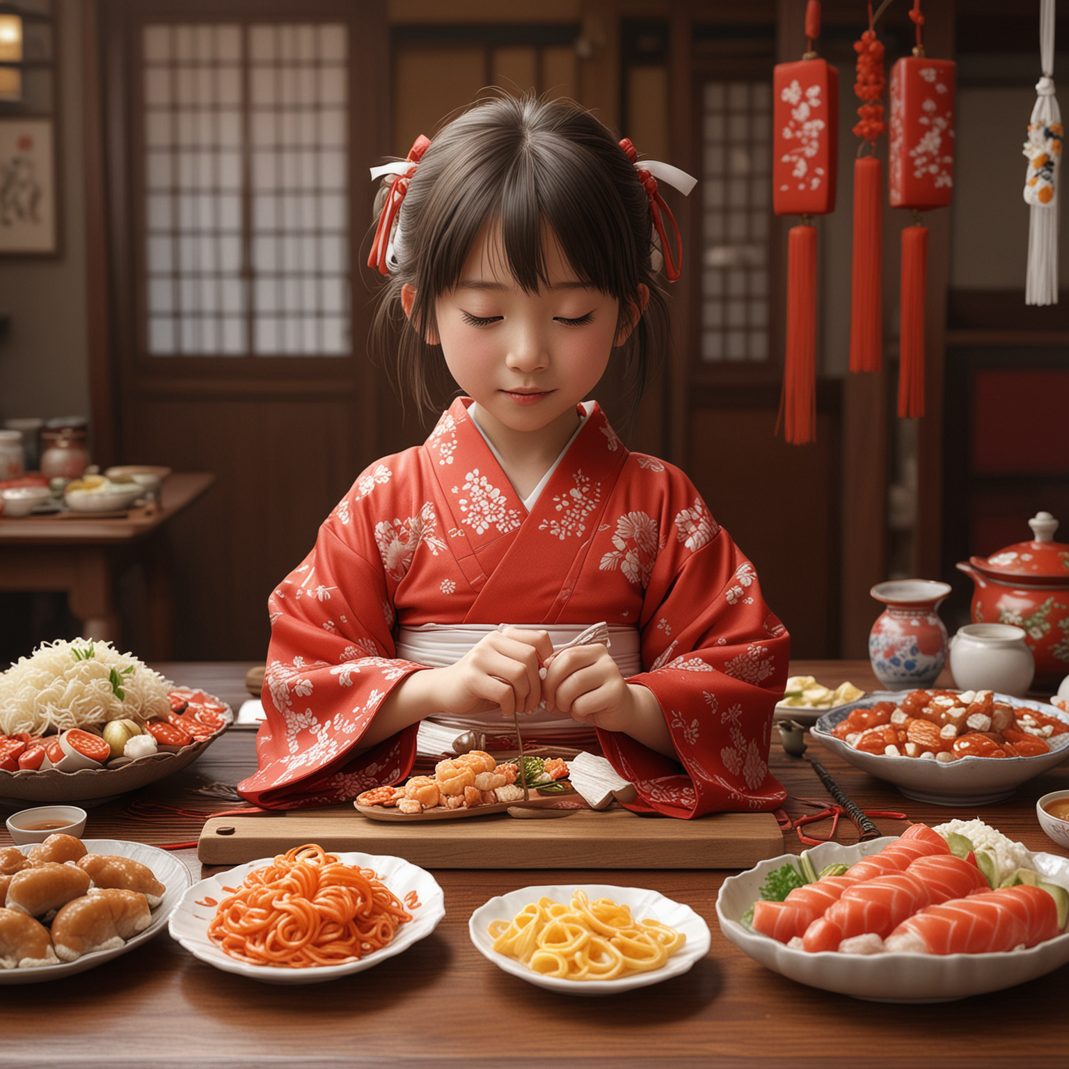 little girl from anime Spirited Away in red japan kimono and white ribbon on back, table full of food  on background , hyper-realistic, photo-realistic