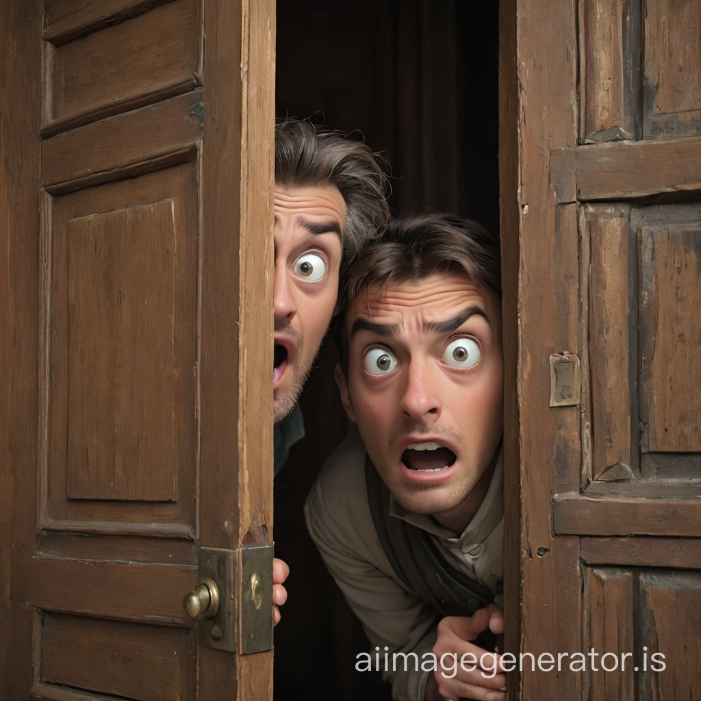 a scared historian peeking through a door