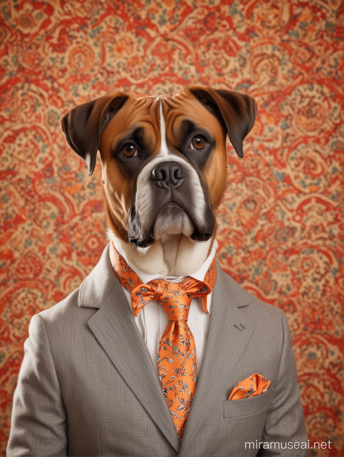 Boxerdog, realistic, f12 aperature photo, dressed formally, colorful ornate background, in the quirky graphic style of Wes Anderson, --no humans, text, blur --v 6